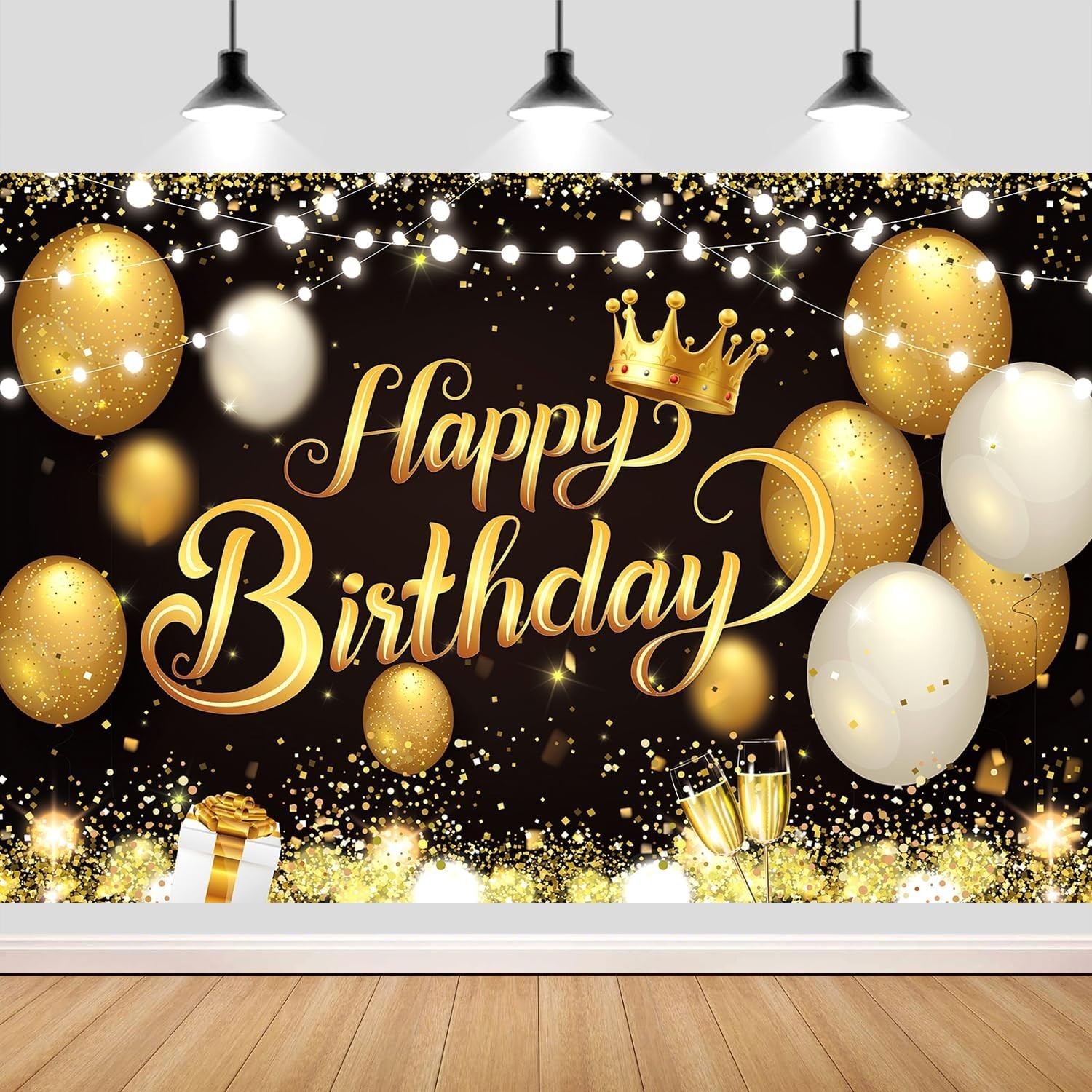 180×120 cm Black Gold Happy Birthday Party Backdrops Cloth 71×47 in. Glitter …