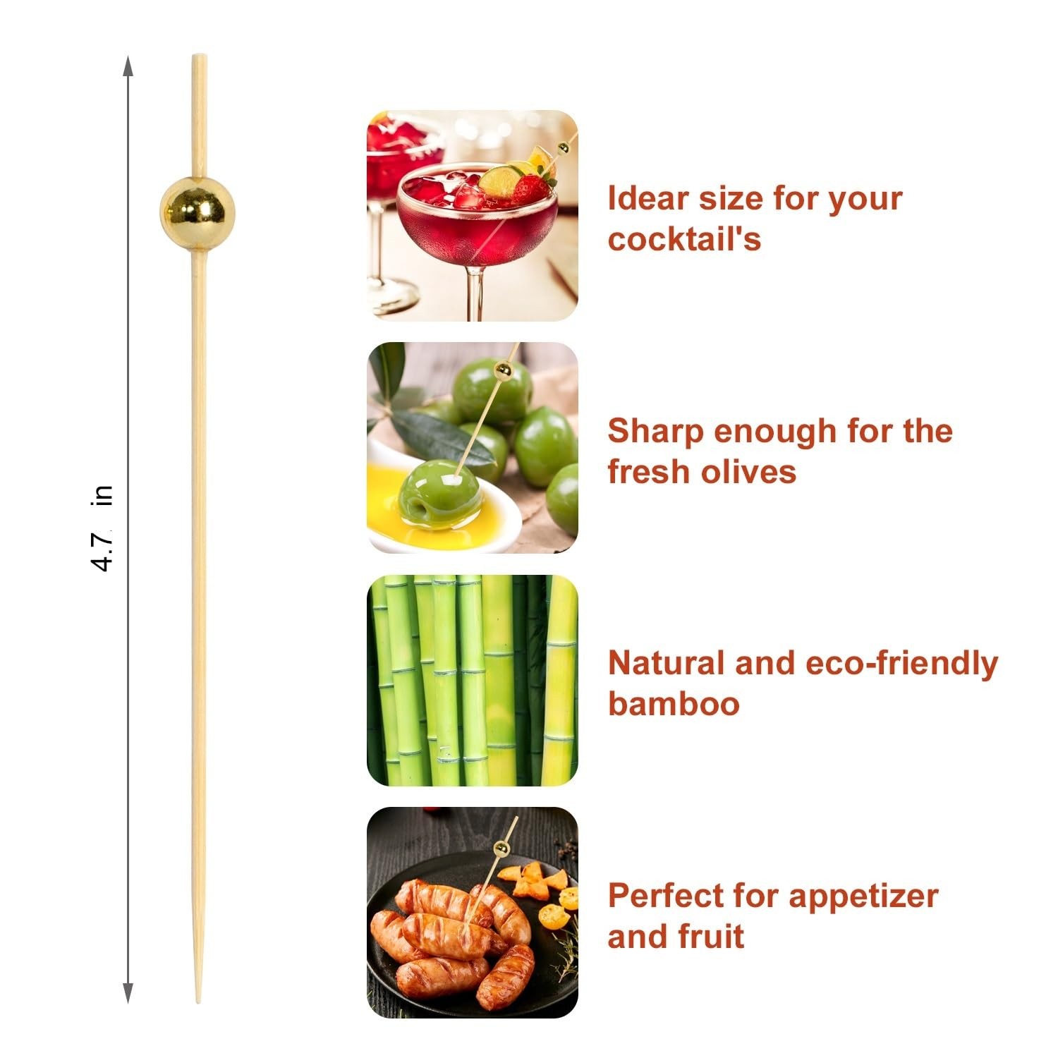 Cocktail Picks, Skewers for Appetizers, 50 Pcs 4.7 Inch Bamboo Cocktail Stick…