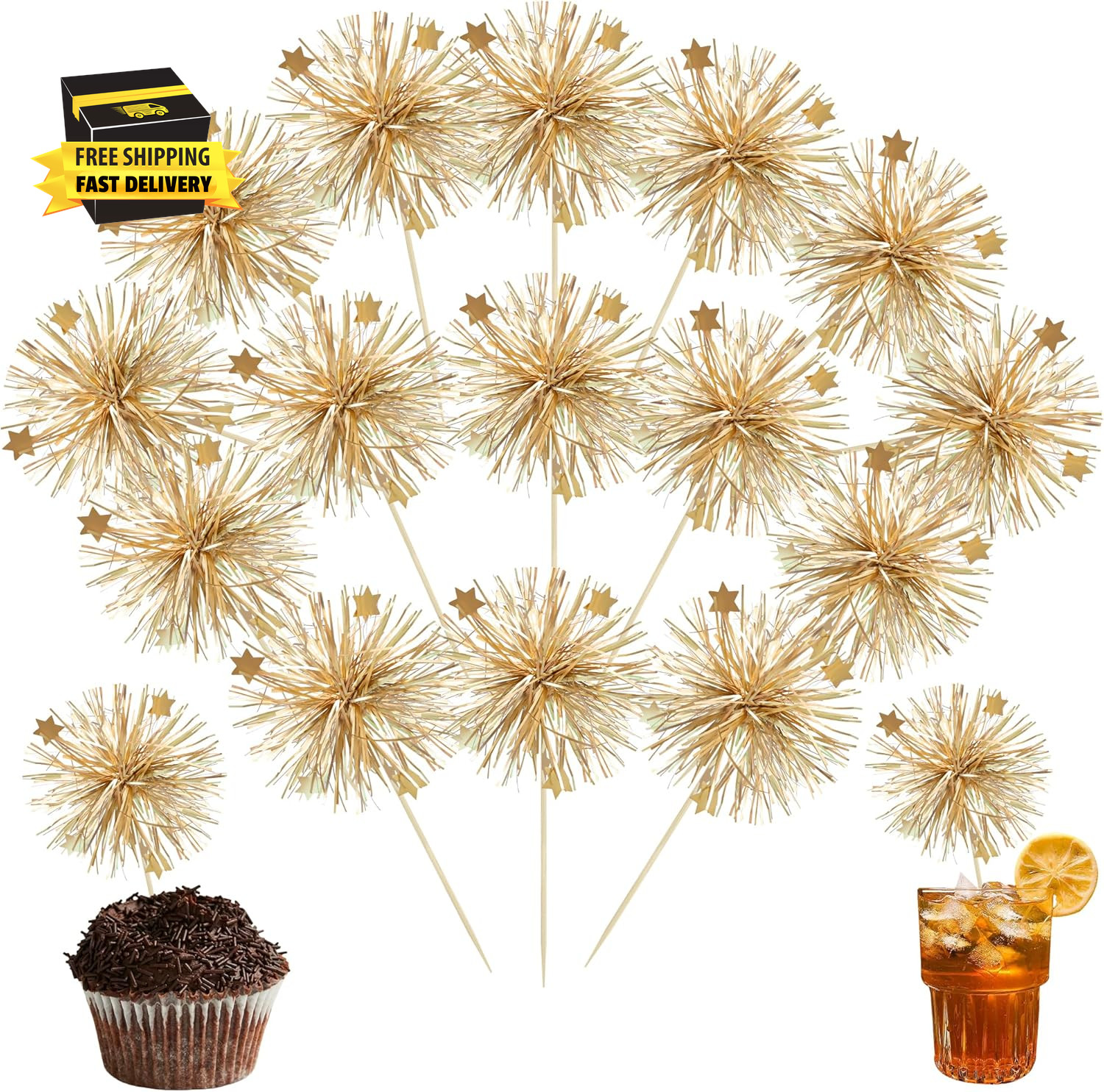 30Pcs Foil Firework Cupcake Toppers Party Birthday Cake Toppers Supplies Sparkle