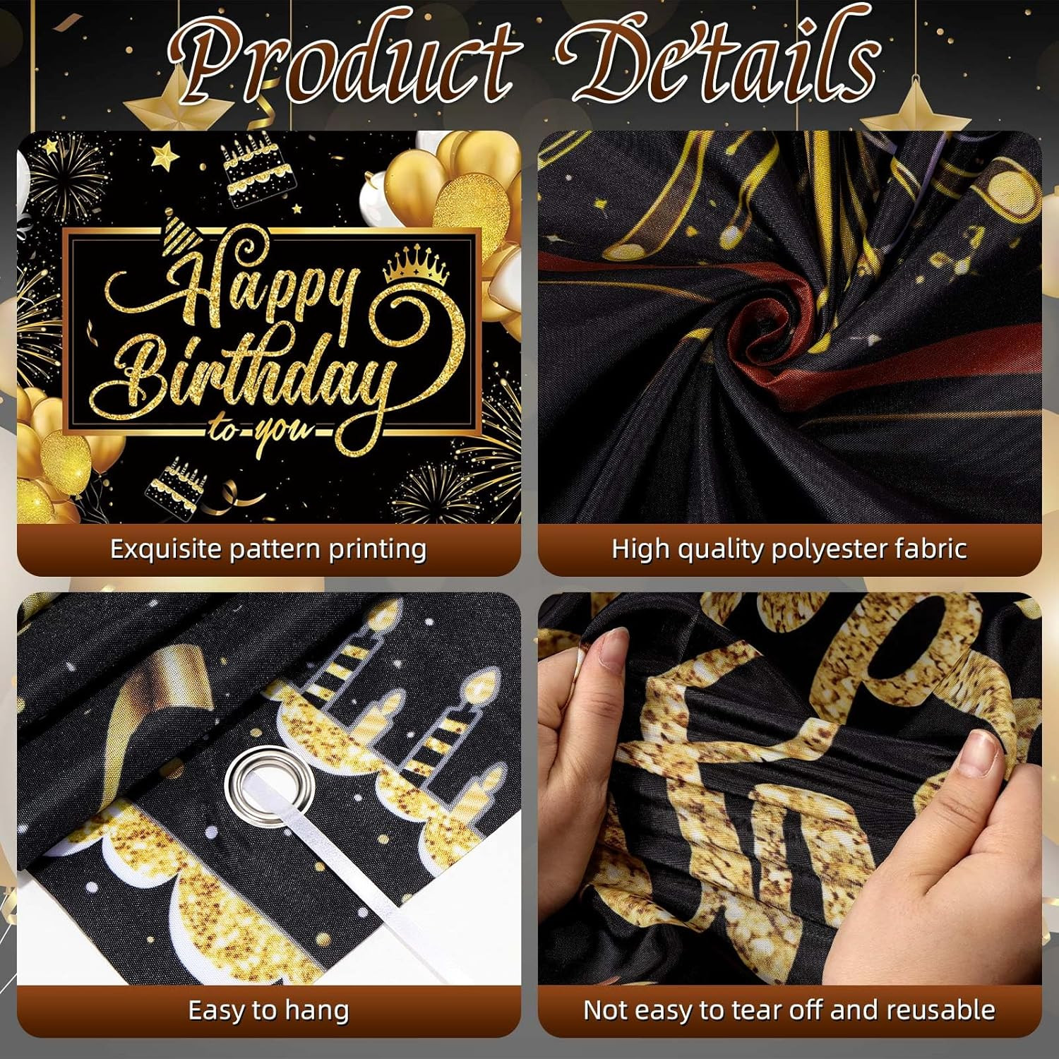 Happy Birthday Backdrop Banner, Black and Gold Birthdays Banner Backdrop, Hap…