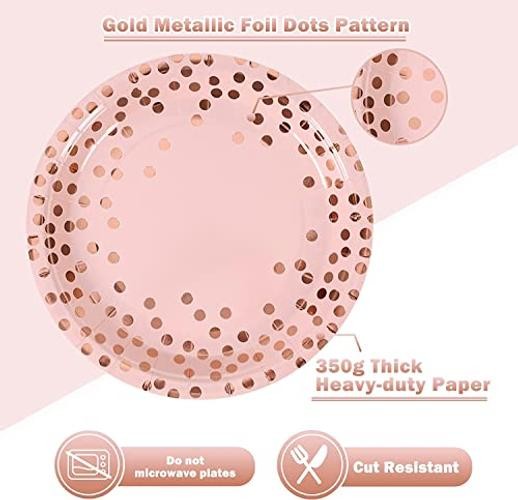 Pink and Rose Gold Paper Plates-50 Pack- 25 * 7inch Modern-50PCS Pink Rose Gold