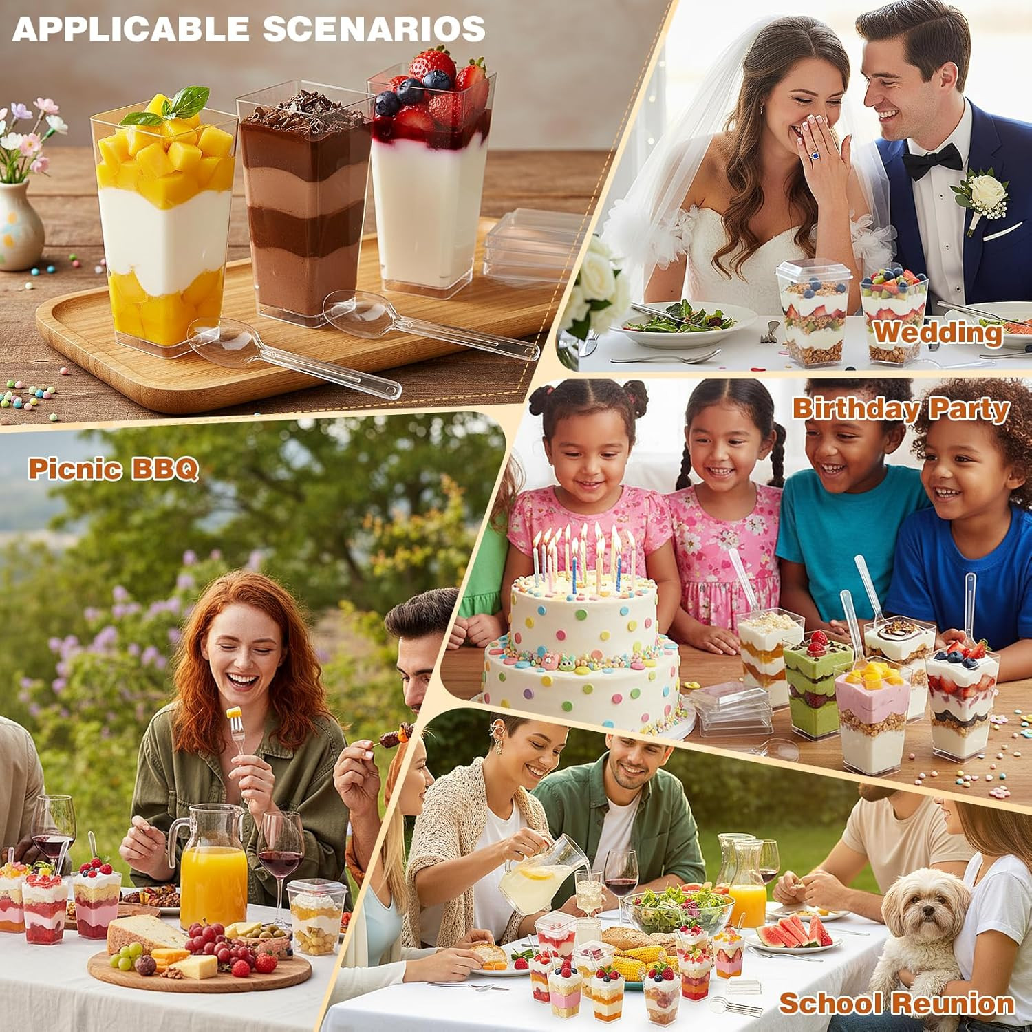 600 Pcs 3 Oz Mini Dessert Cups with Lids and Spoons, Reusable Square Appetizer,