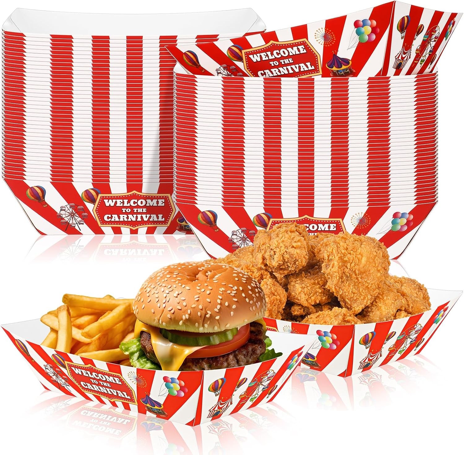 Tenceur 50 Pcs Carnival Paper Food Trays 2lb Carnival Decorations Red and White