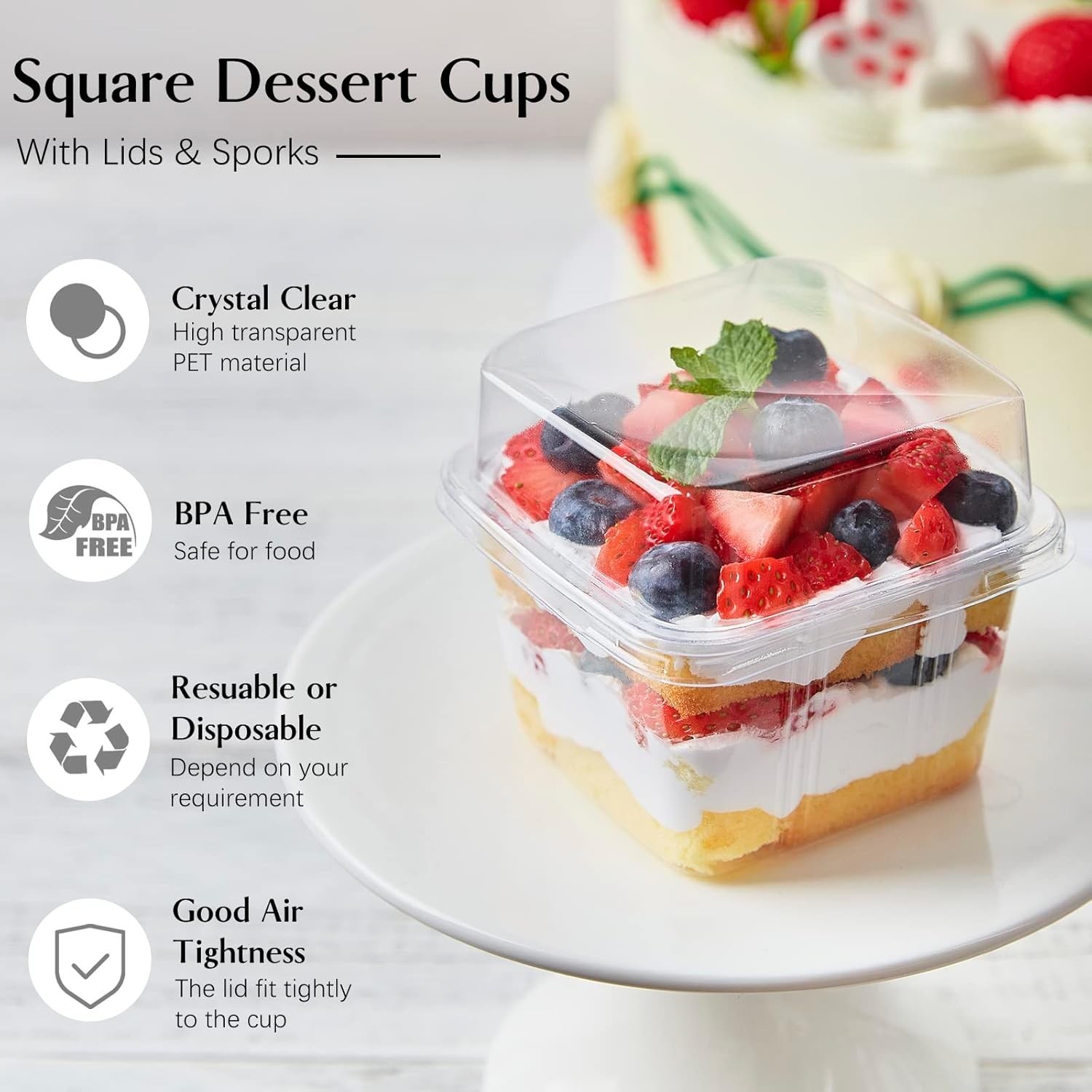 50 Pack 8 oz Square Plastic Dessert Cups with Lids and Sporks, Disposable Cak…