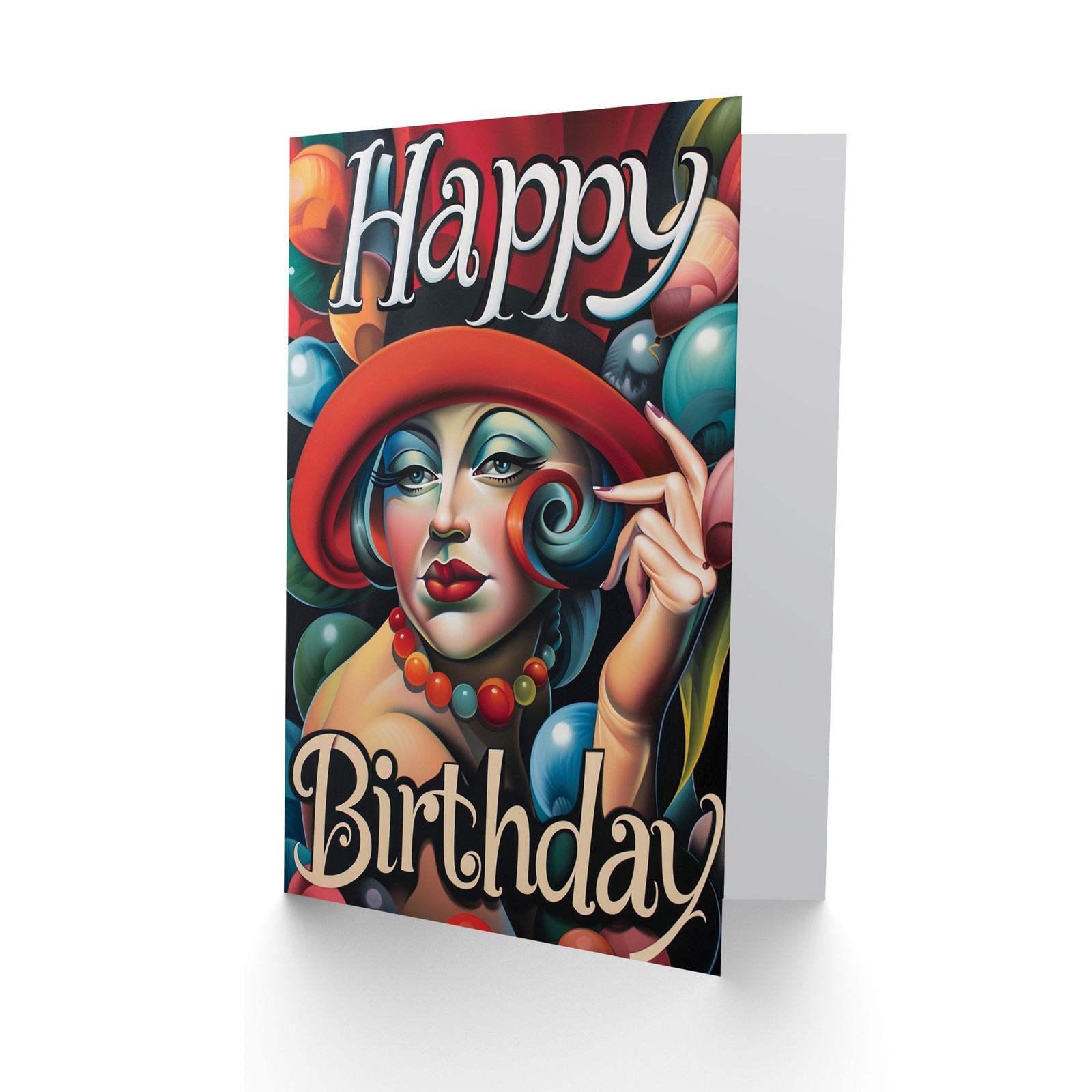 Birthday Card Art Deco Woman Top Hat and Balloons For Her Woman Greeting Card