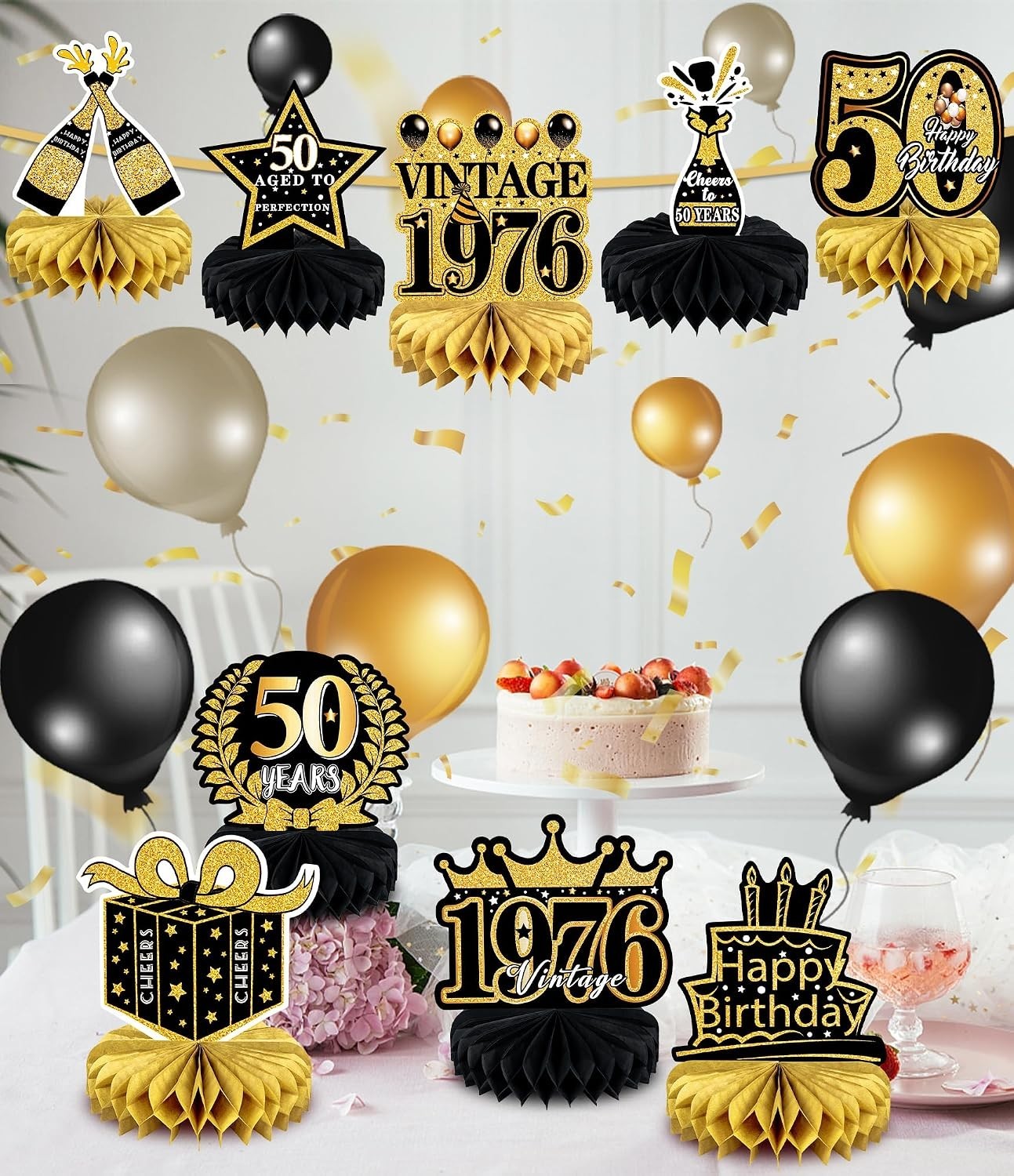 Retro 50th Birthday Decor – 9 Honeycomb & Cardboard Pieces – Easy Assembly