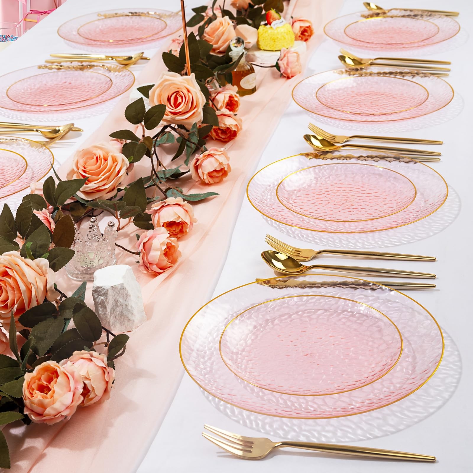 Rubtlamp 100 Pcs Pink And Gold Plastic Plates – 10 inch 100, clear pink gold