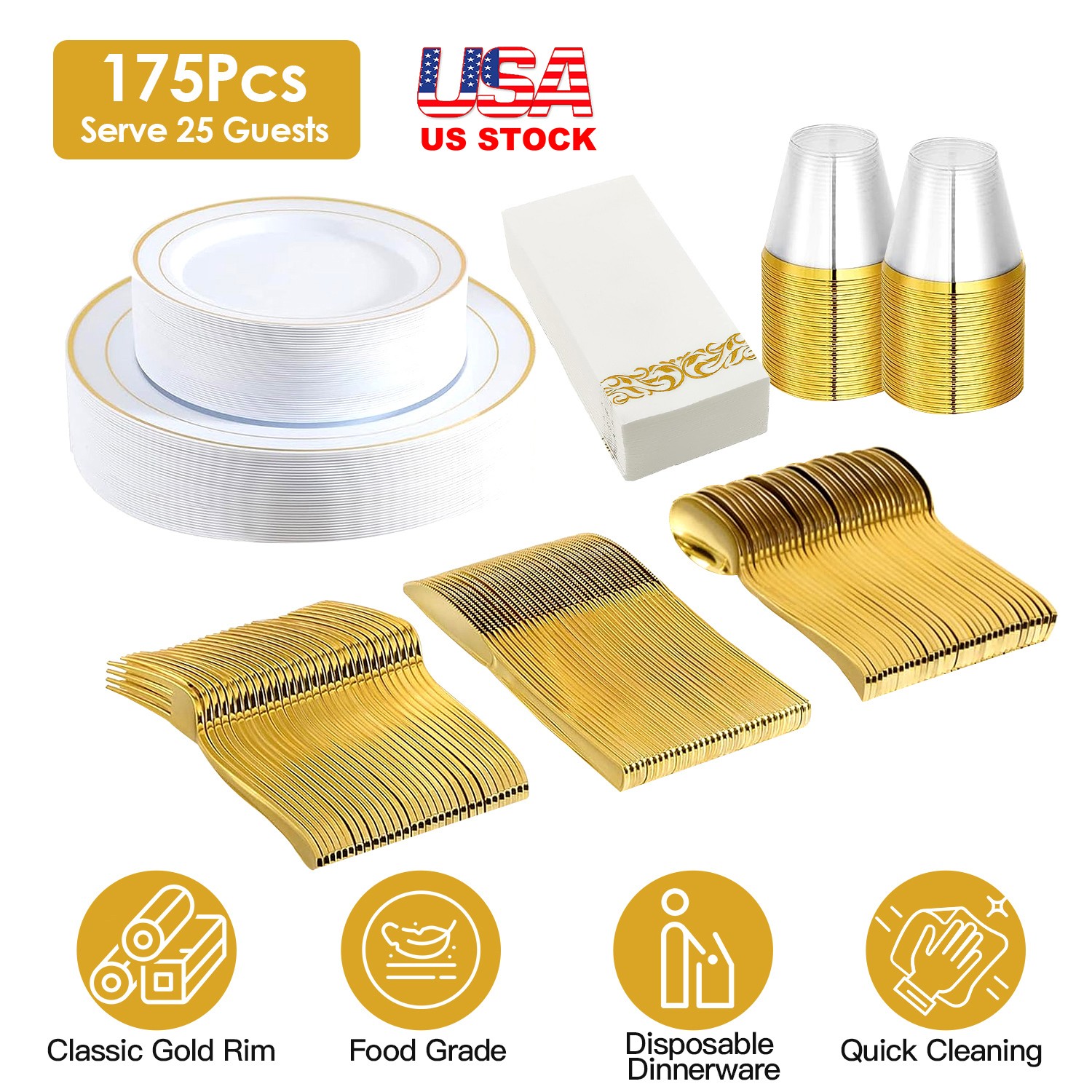 175Pcs Gold Rim Disposable Dinnerware Set for Wedding Party Graduation
