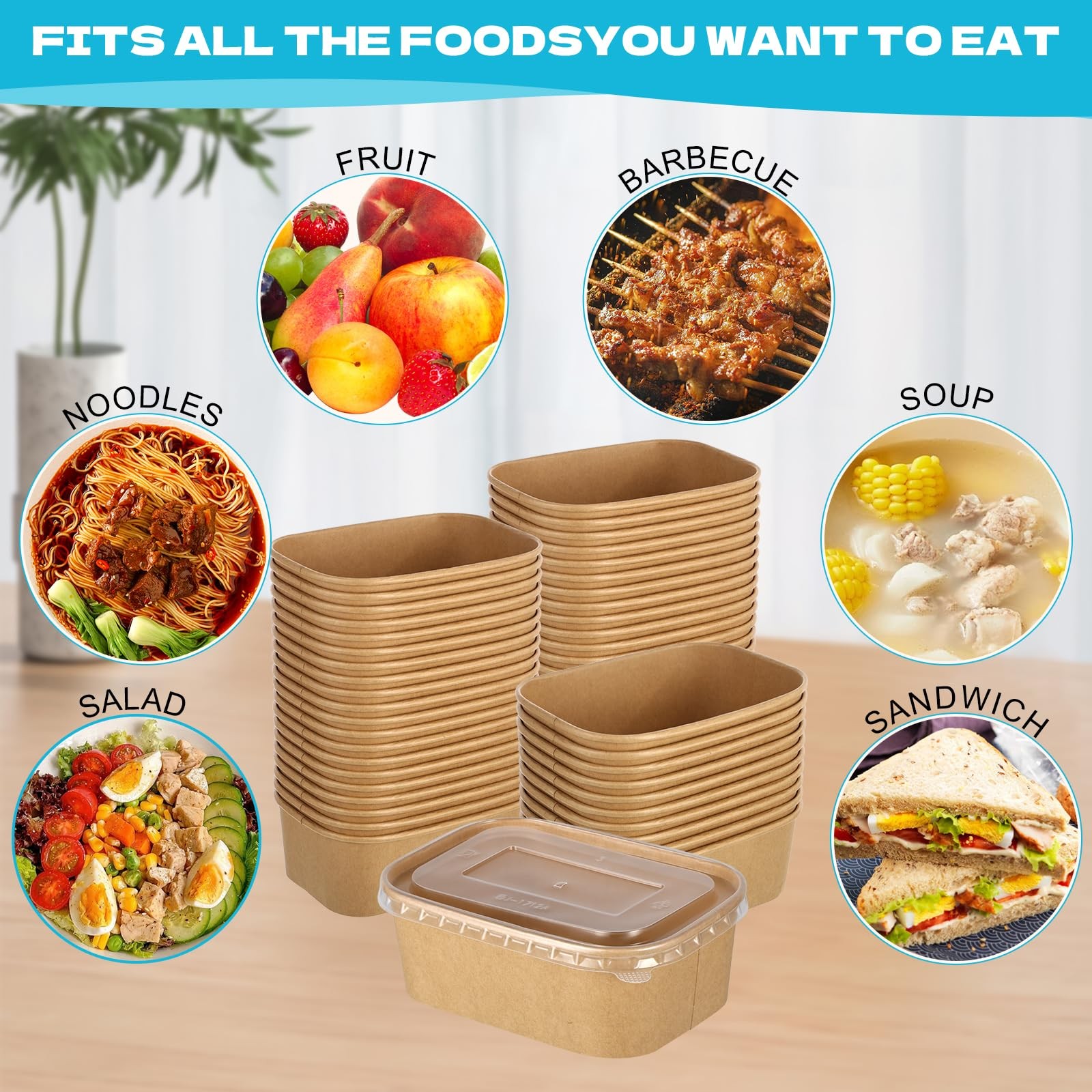 50 Pack 25oz Disposable Kraft Paper Bowls with Lids, Rectangle Meal Prep Cont…