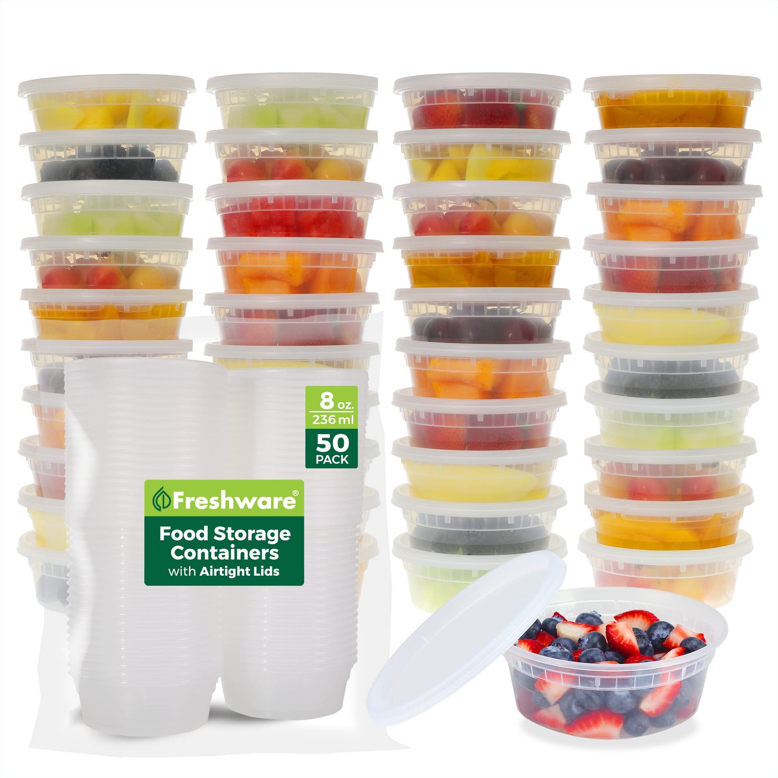 Freshware Food Storage Containers [50 Set] 8 oz Plastic Deli Containers with Lid