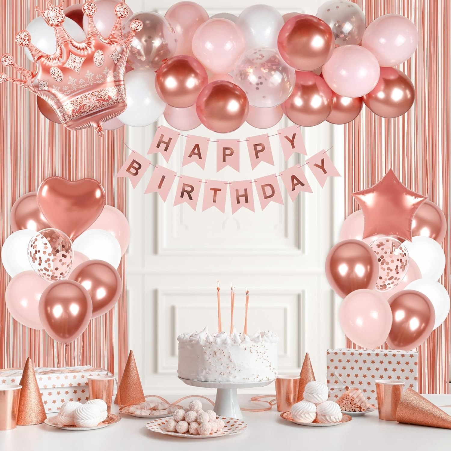 All-Inclusive Rose Gold Birthday Decorations for Women with Balloons and Banner