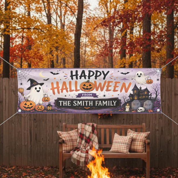 Personalized Family Halloween Banner – 71″ x 24″ – Spooky Ghost and Pumpkin