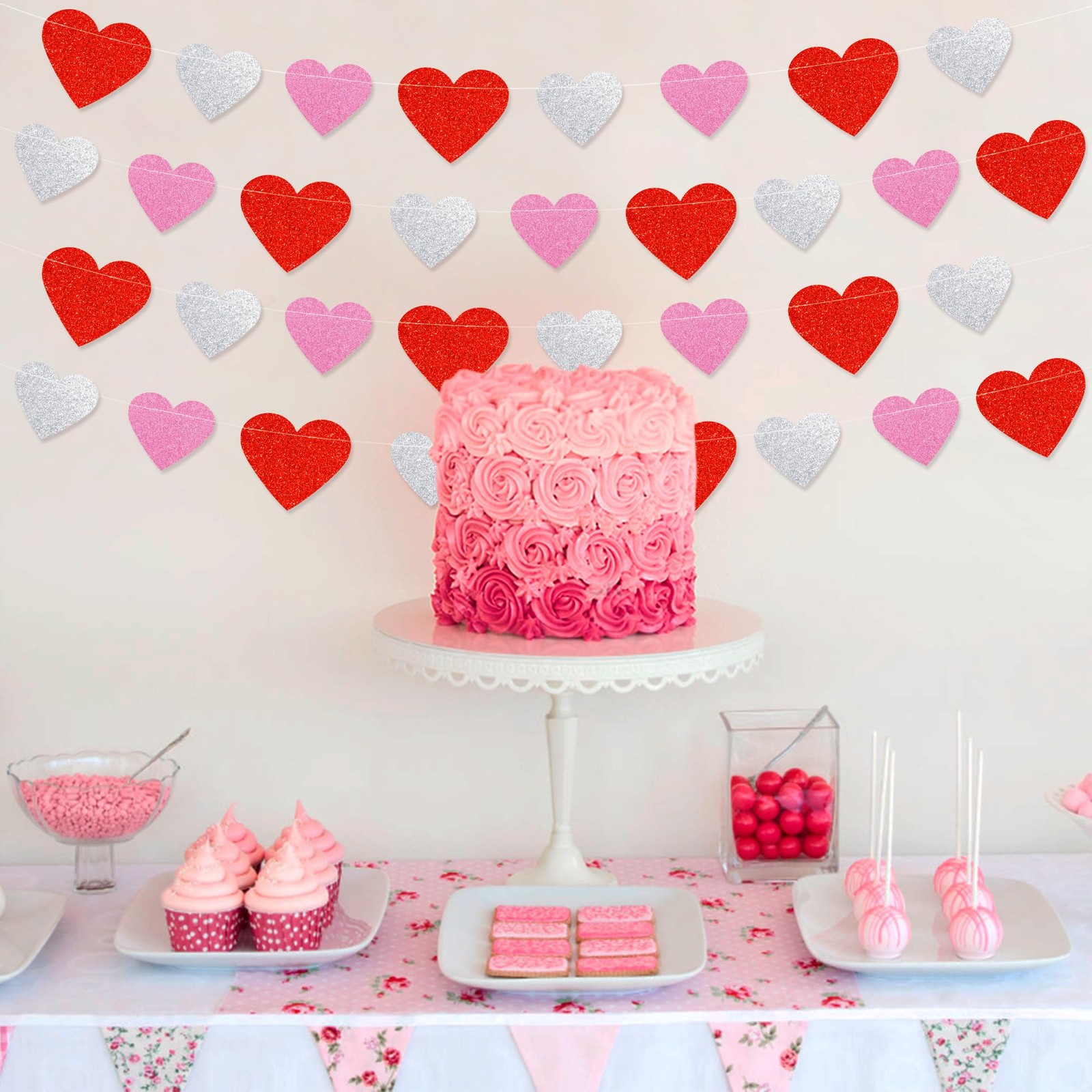 72 Hearts Garland Banner Valentines Decorations – Pre-Strung Red Pink Silver