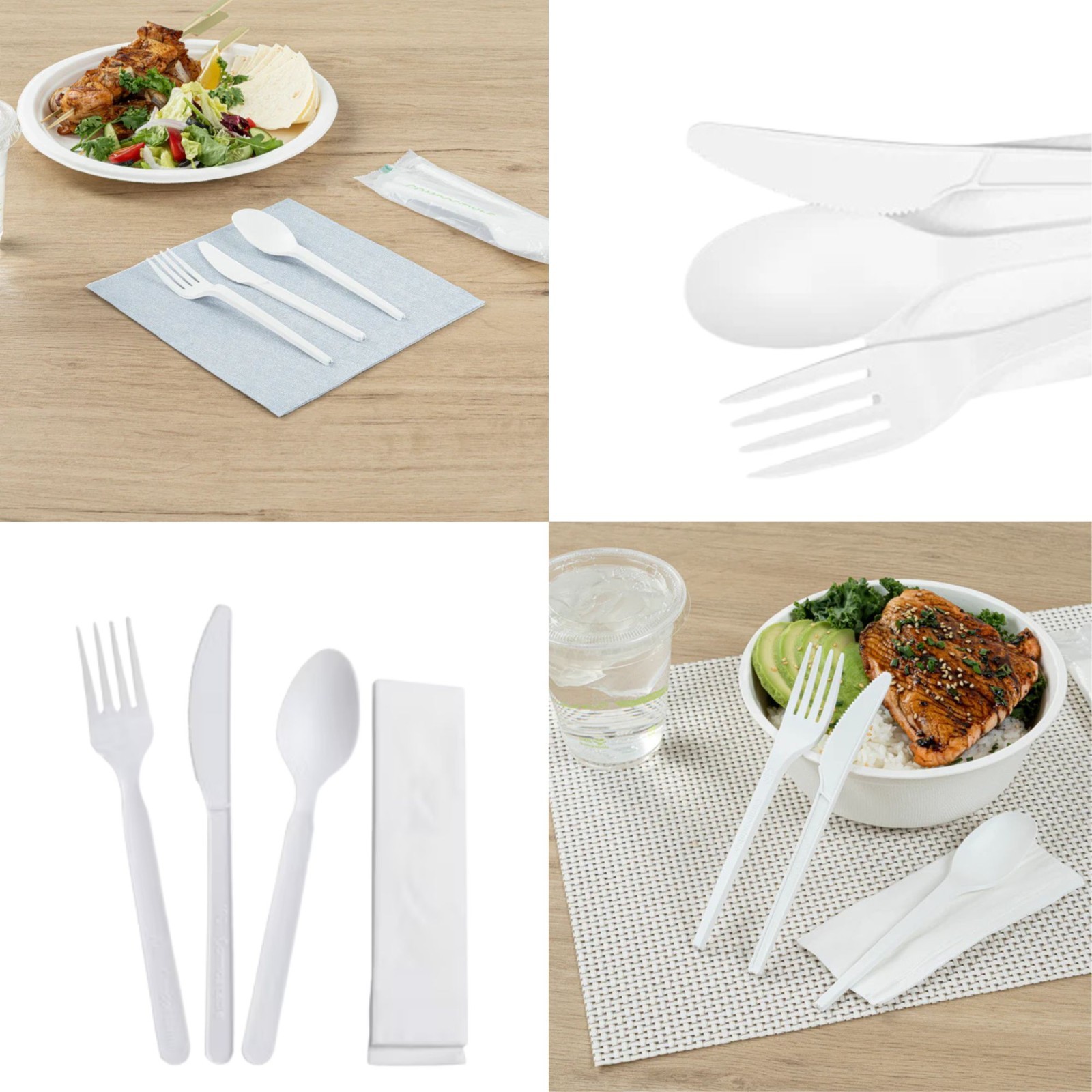 4Pcs White Medium Weight Wrapped Polypropylene Plastic Cutlery Pack with Napkin