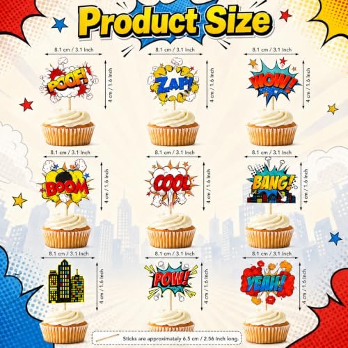 Hero Cupcake Toppers 36 PCS Hero Decorations Smash Crash Pow Picks for Hero
