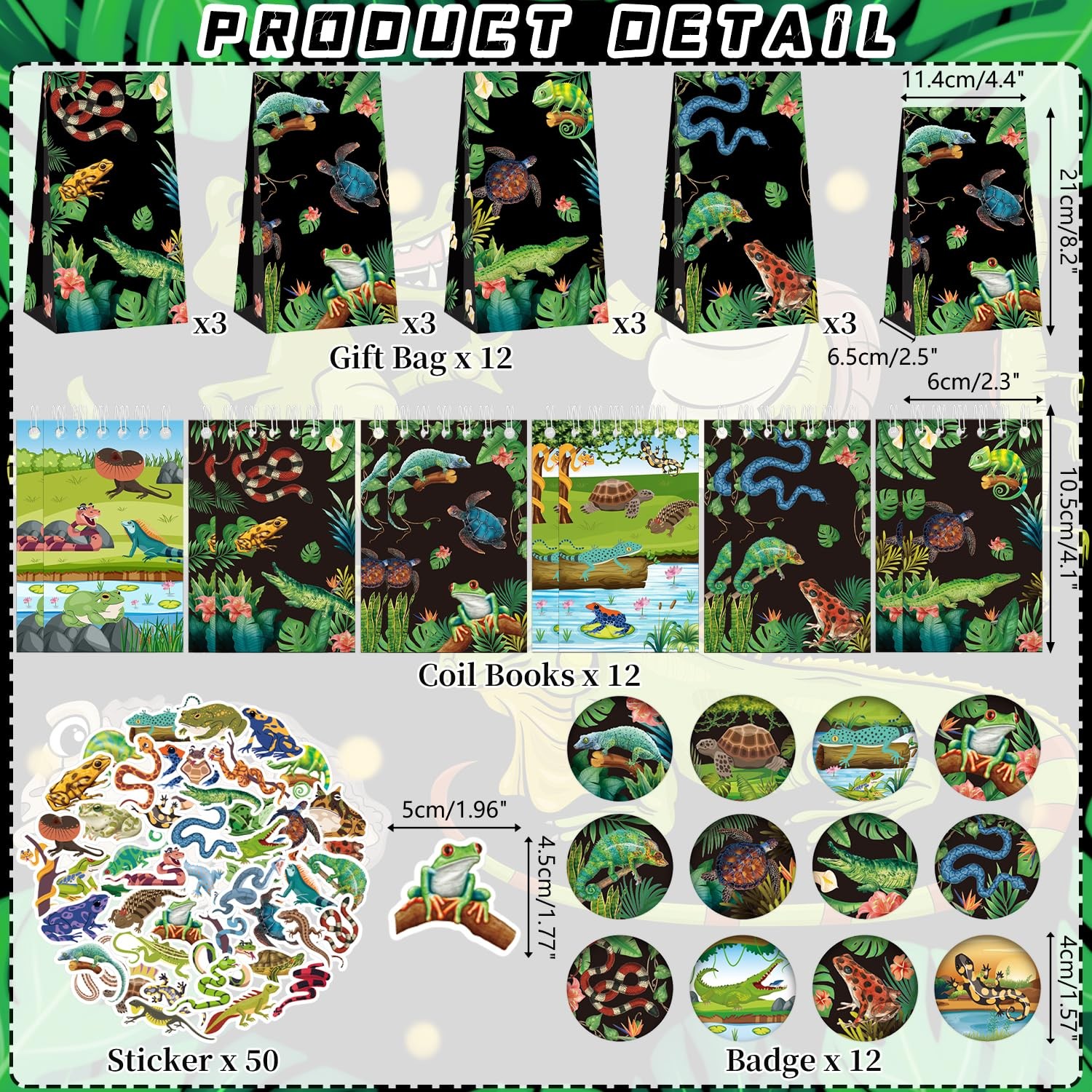 Reptile Party Favor Supplies including Reptile Theme Gift Bags, Wristbands, S…