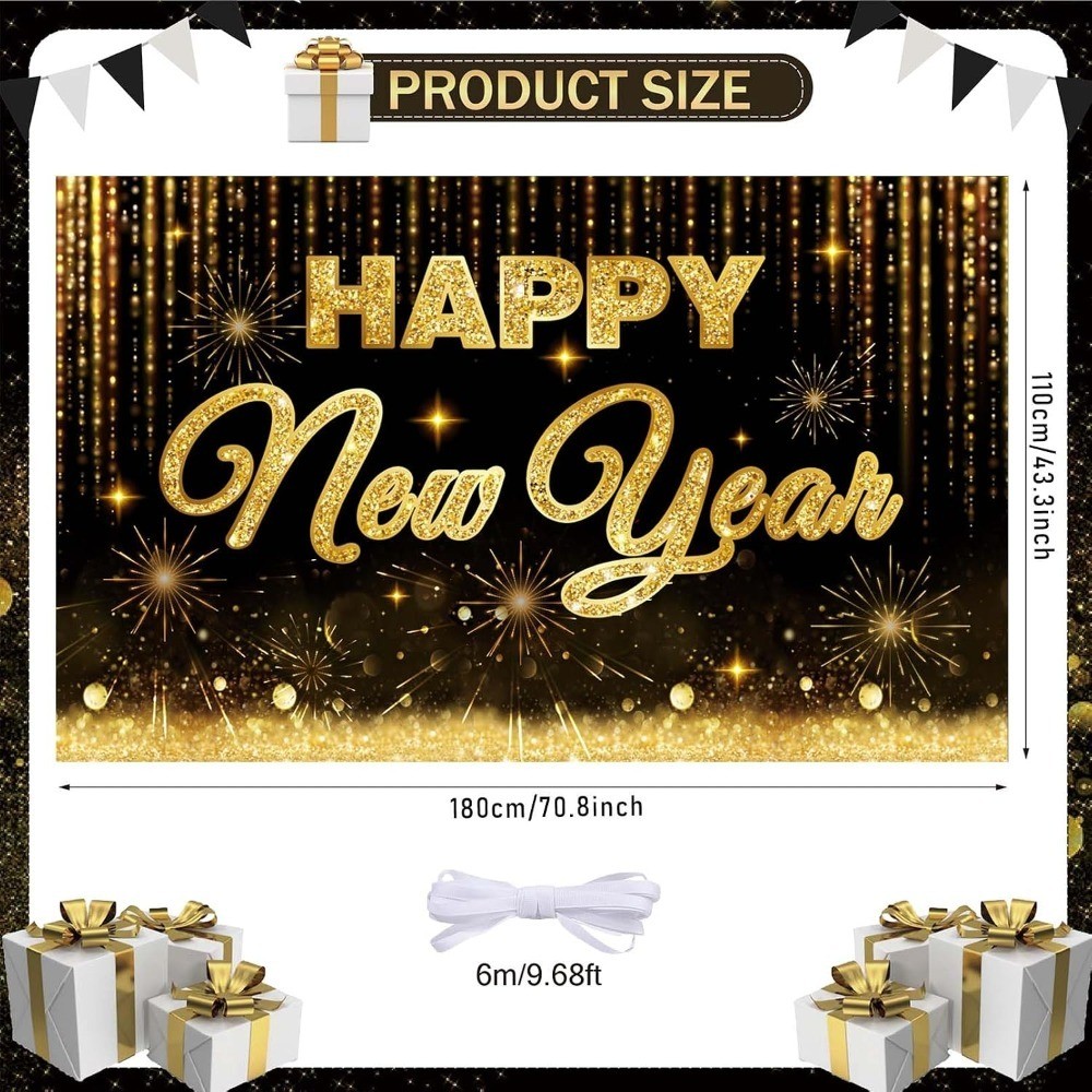Black Gold Happy New Year 2026 Banner – Large New Years Eve Party Backdrop with