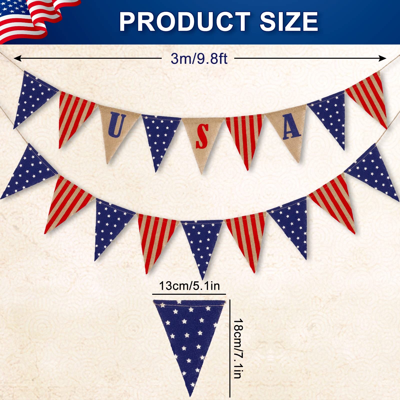 2 Pack Patriotic Burlap Banner 4th of July USA Flag Pennant Bunting Garland Red