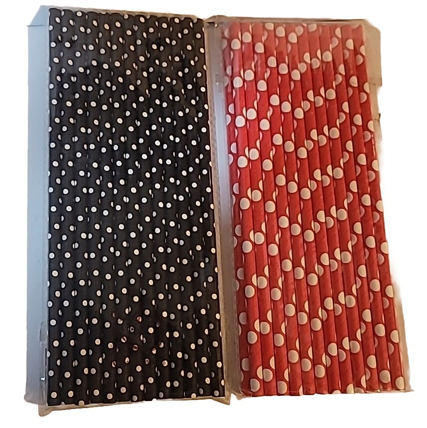 2 SETS of 25, Paper Straws, Polka Dots Ladybug Decoration 50 Total Red Black