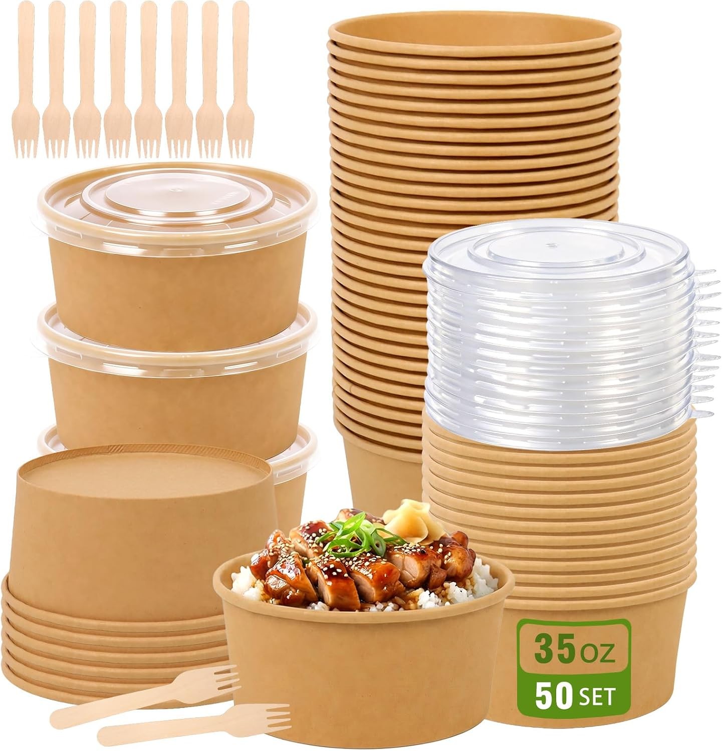 50 Pcs 35 oz Large Paper Bowls with Lids Disposable Meal Prep Containers
