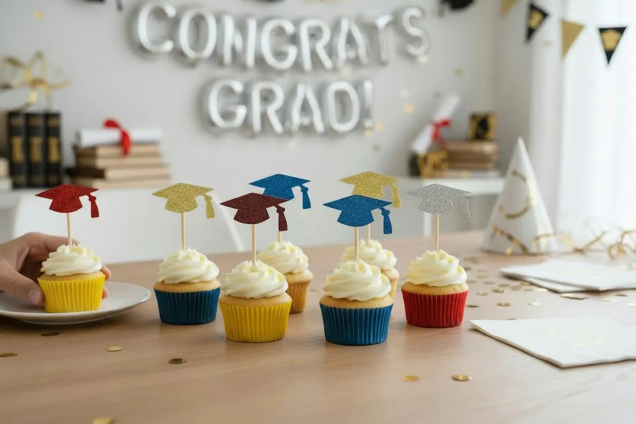 GLITTER Graduation CAP Shape Cupcake Topper Choose Color and Package Amount