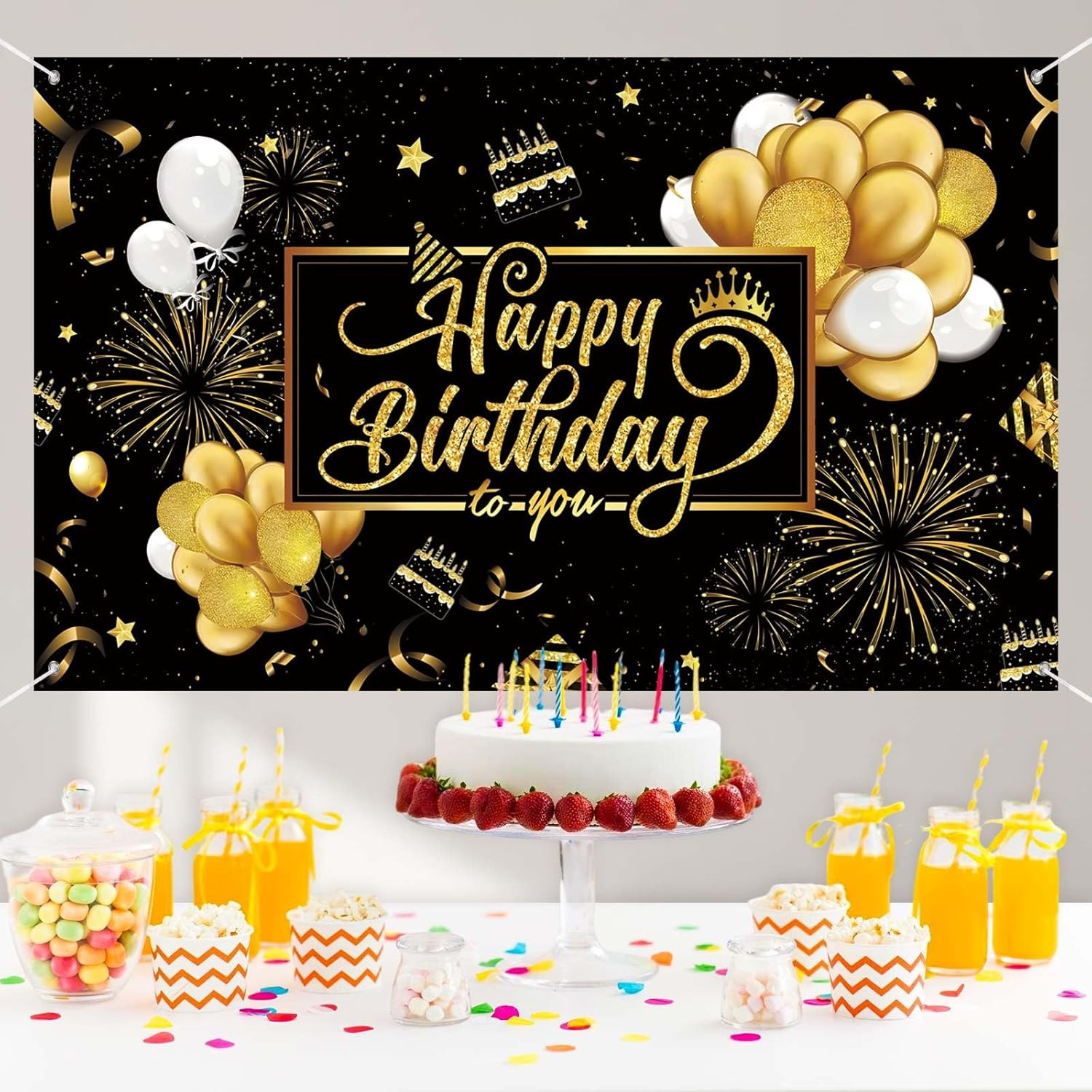 Happy Birthday Backdrop Banner, Black and Gold Birthdays Banner Backdrop, Hap…