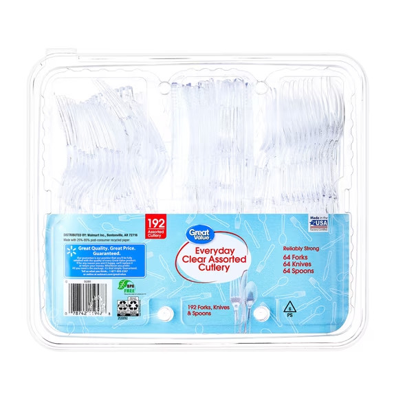 Great Value Clear Plastic Assorted Cutlery, 192 Count