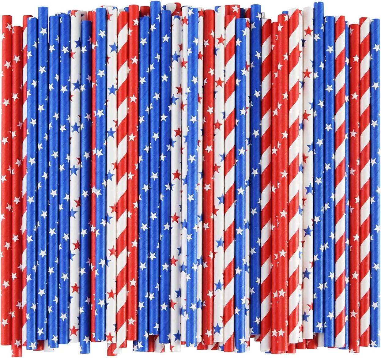 ALINK American Flag Red Blue White Paper Straws, 100 Stripe/Star Biodegradable