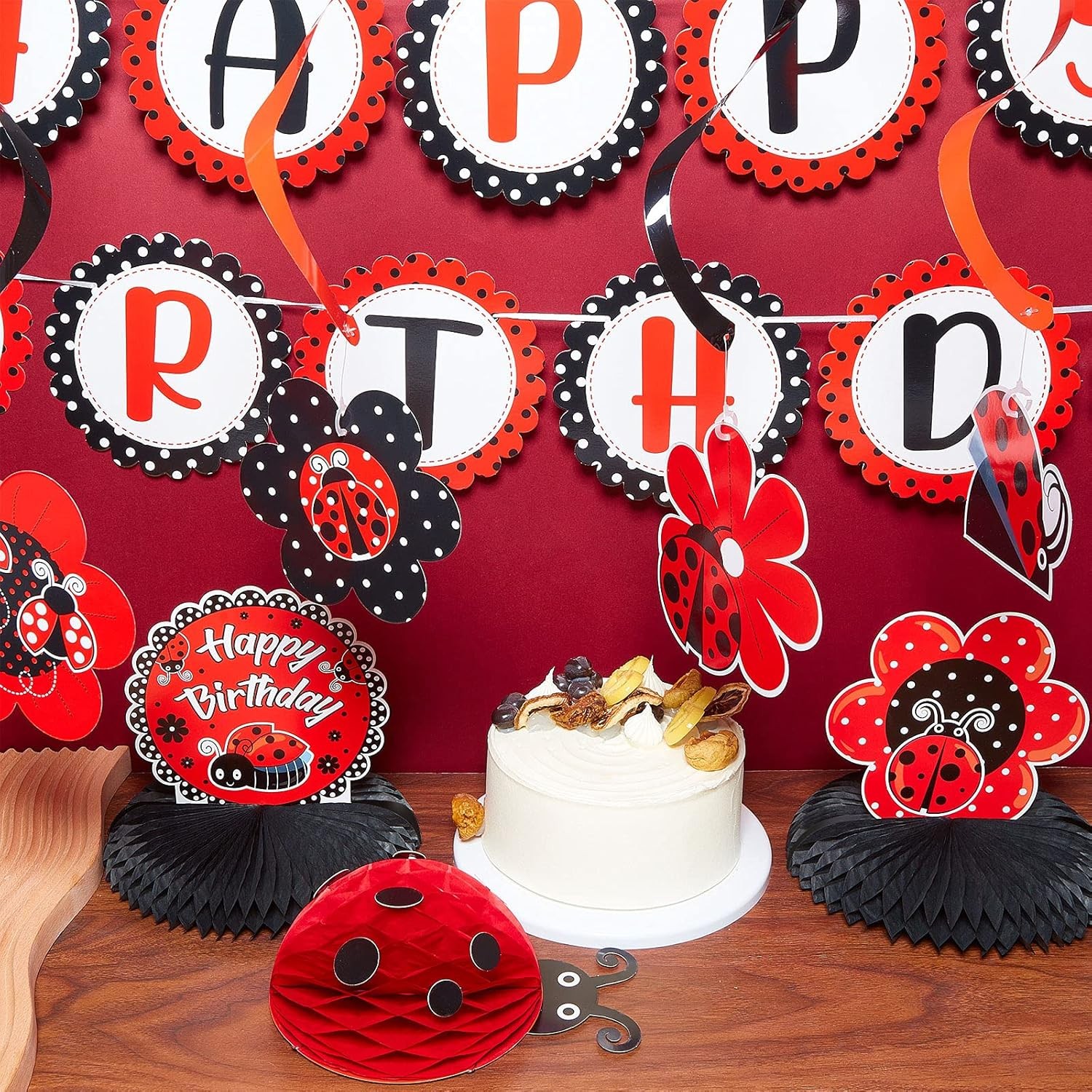 Ladybug Fancy Party Decoration Kit – Cute Birthday Banner, Honeycomb Red