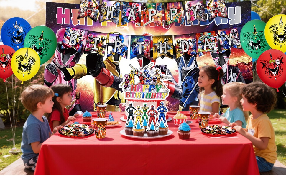 98 Pcs Power Rangers Decorations Tableware,Power Rangers Party Backdrop Banner