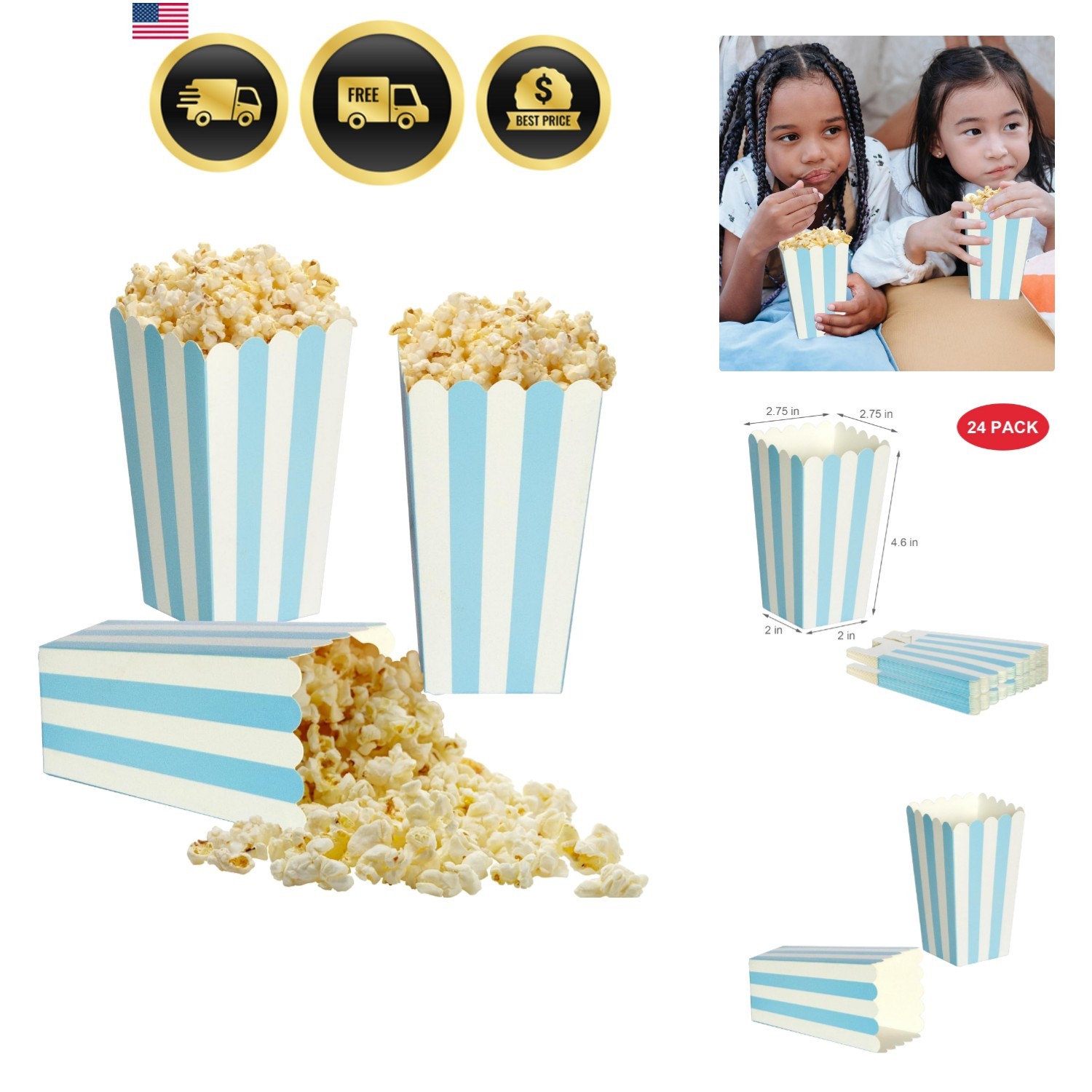 24 Pack Striped Popcorn Boxes – Carnival Parties Mini Paper Popcorn and Candy…