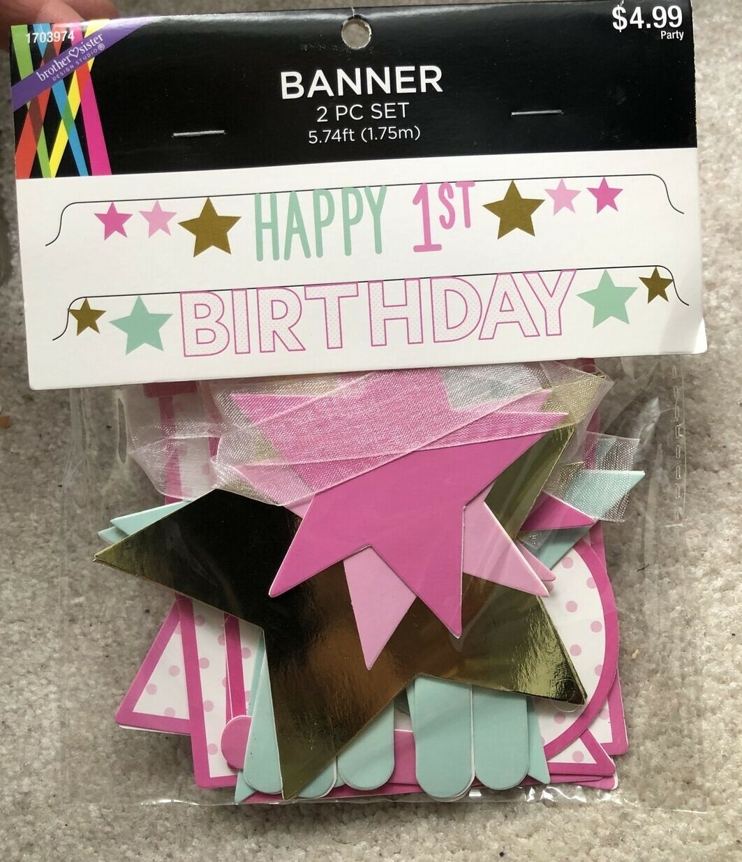 Happy1st Birthday Banner Kit 2pc Set -Pink/Mint Green/Gold -5.74ft NEW