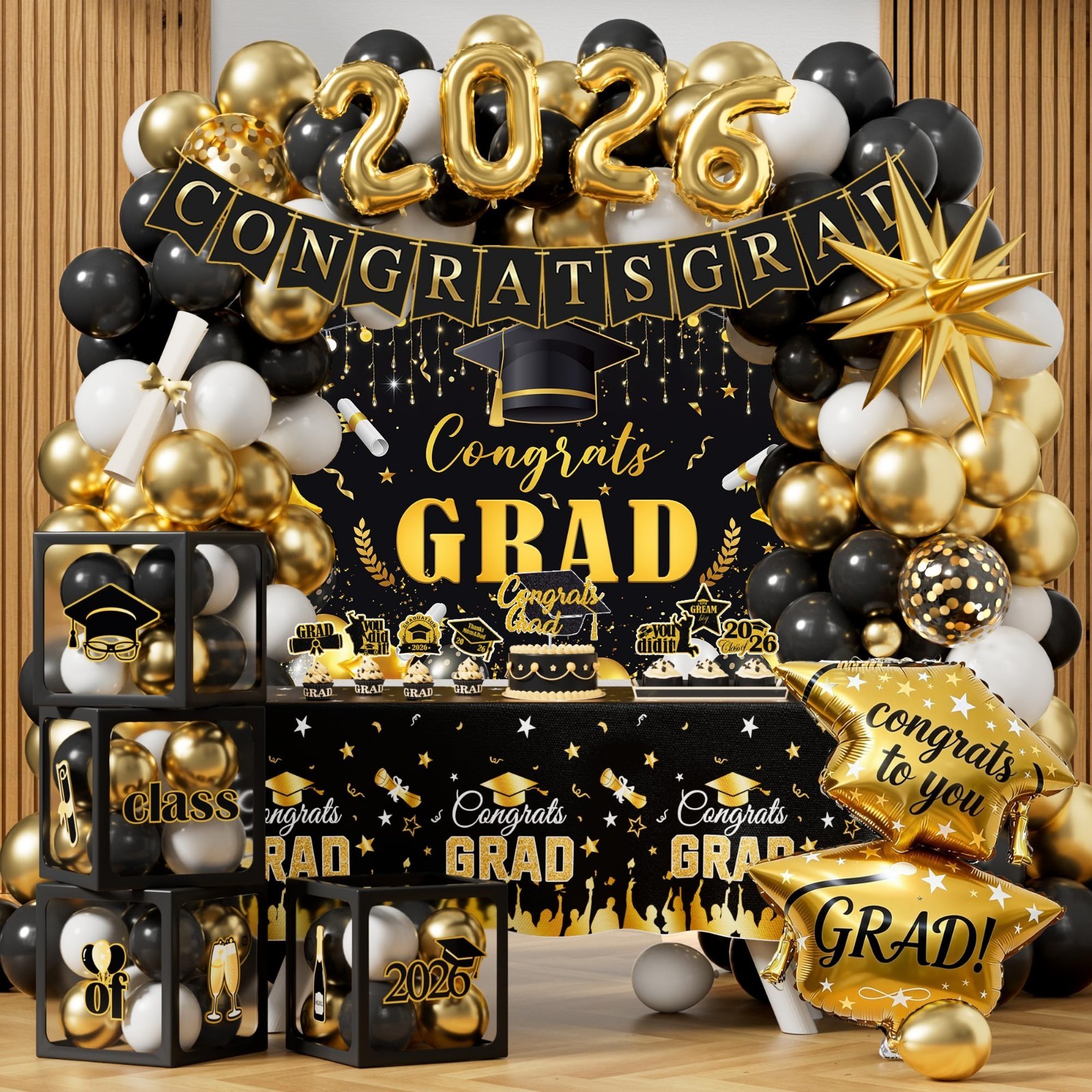 2026 Graduation Party Decorations Kit – Black Gold Congrats Grad Supplies Set, B