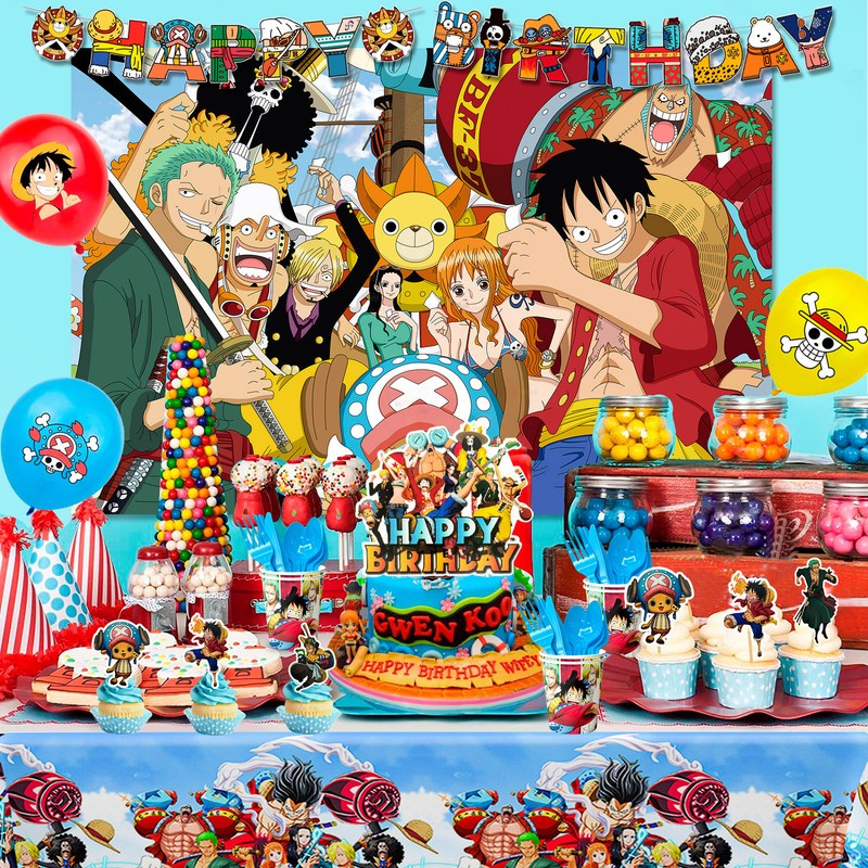 112 Pcs One Piece Party Decorations and Tableware Set Backdrop Plates Banner