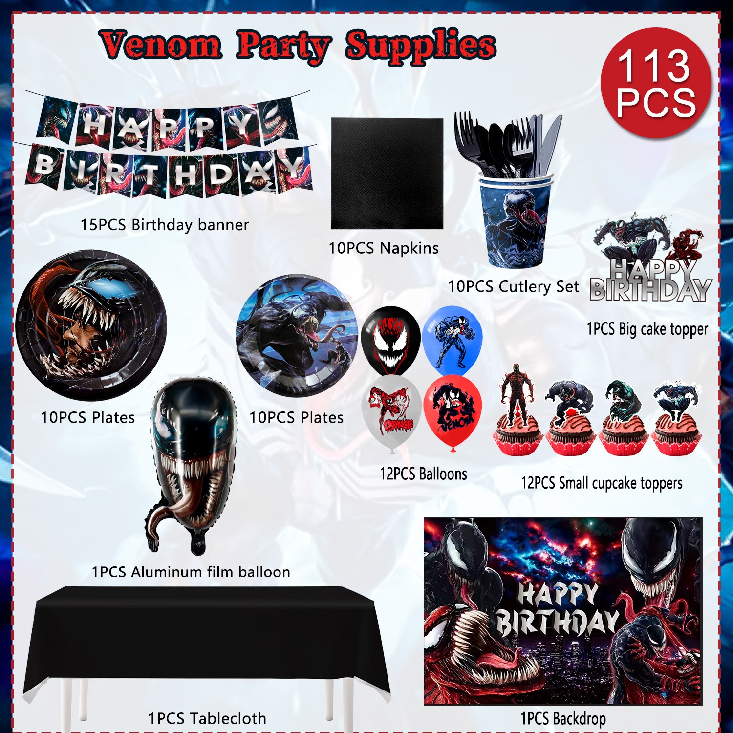 113Pcs Venom Party Supplies Superhero Birthday Party Decorations Balloons Plates