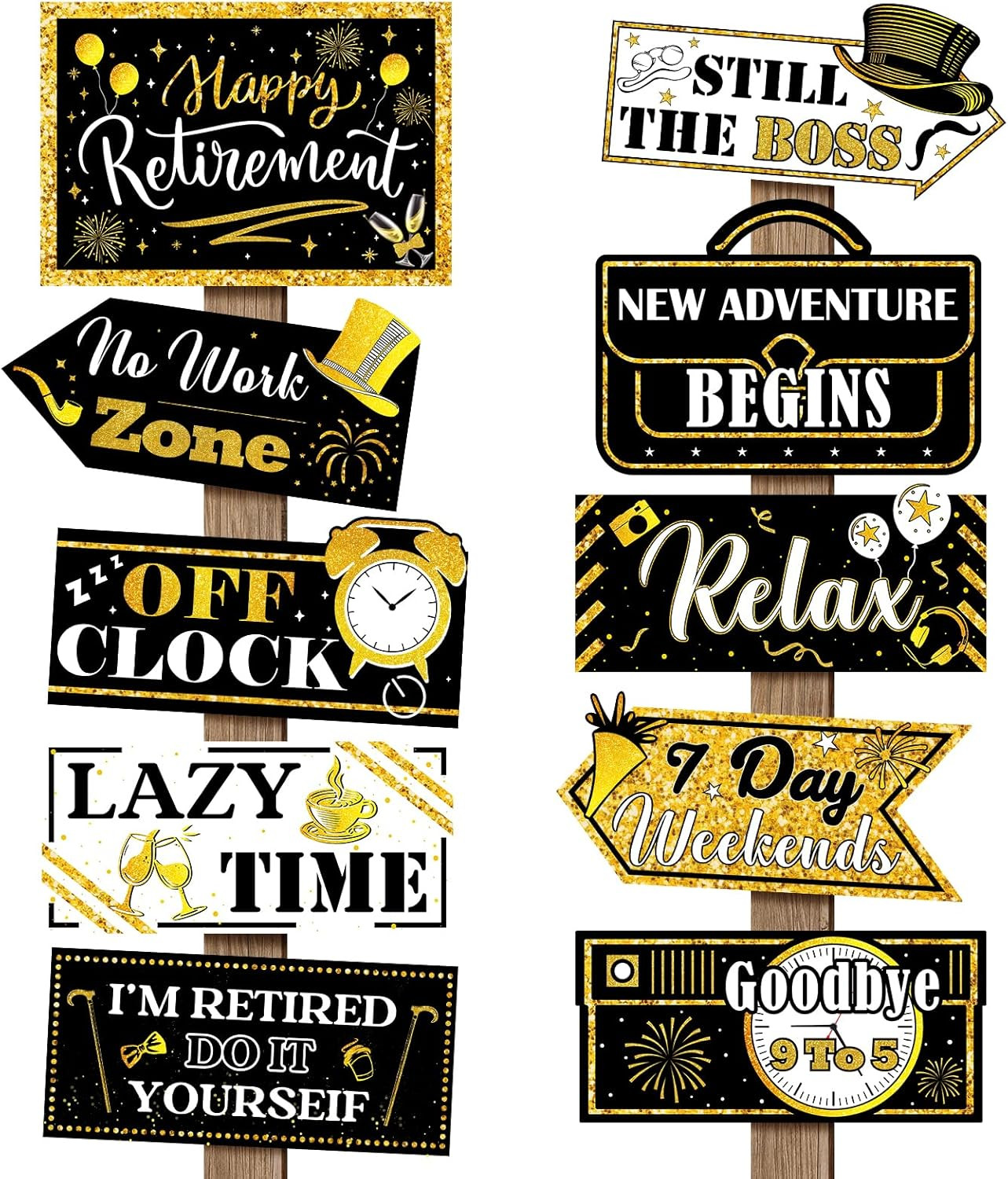 20 Pcs Retirement Party Decorations Black and Gold Happy Retirement Banner Sign
