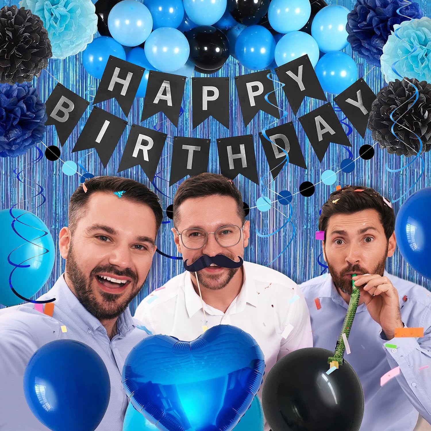 Blue and Black Happy Birthday Party Decorations kit for Boys Men Women with H…