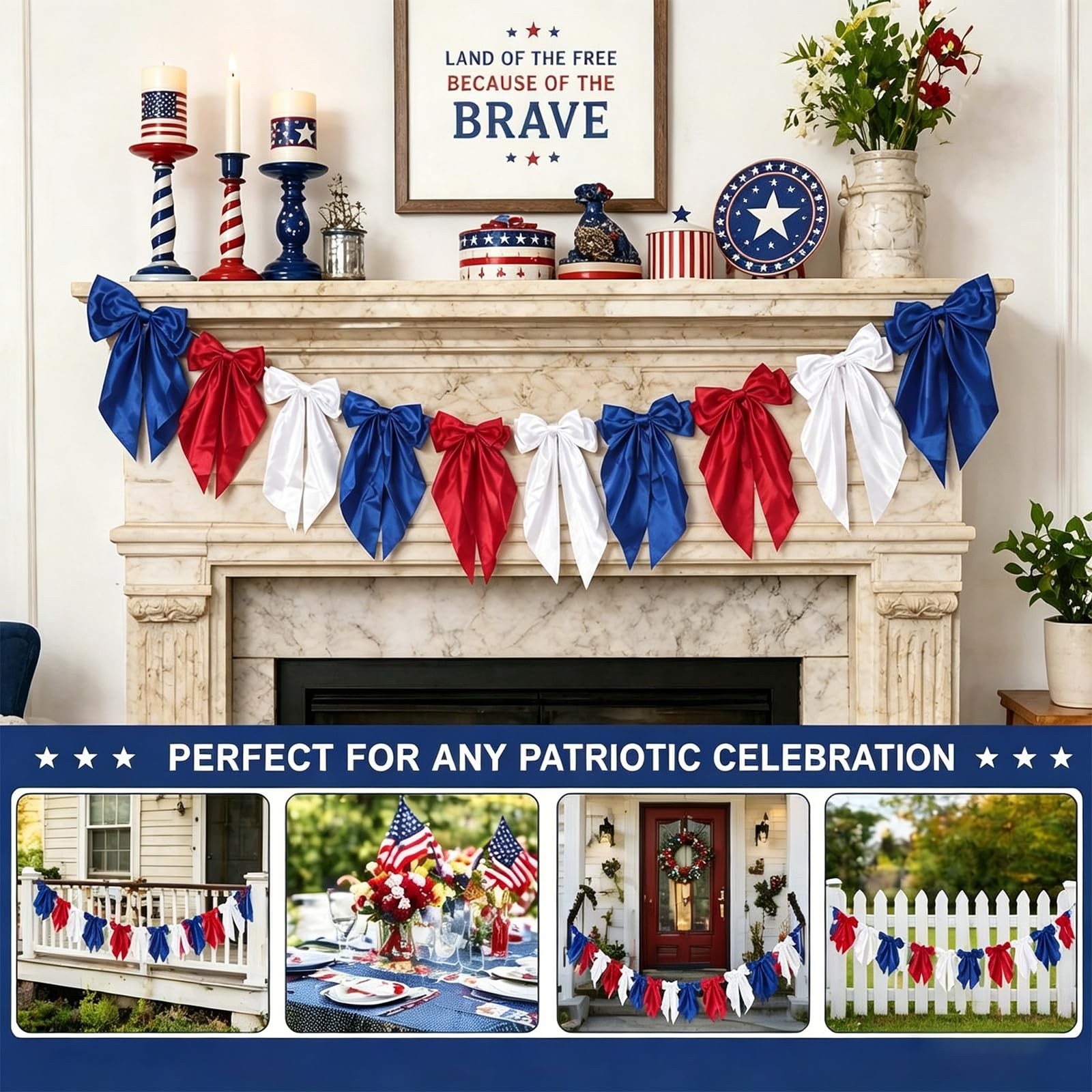 4th of July Decorations 6.6Ft Patriotic Bow Garland White Red Blue Silk Satin Ri
