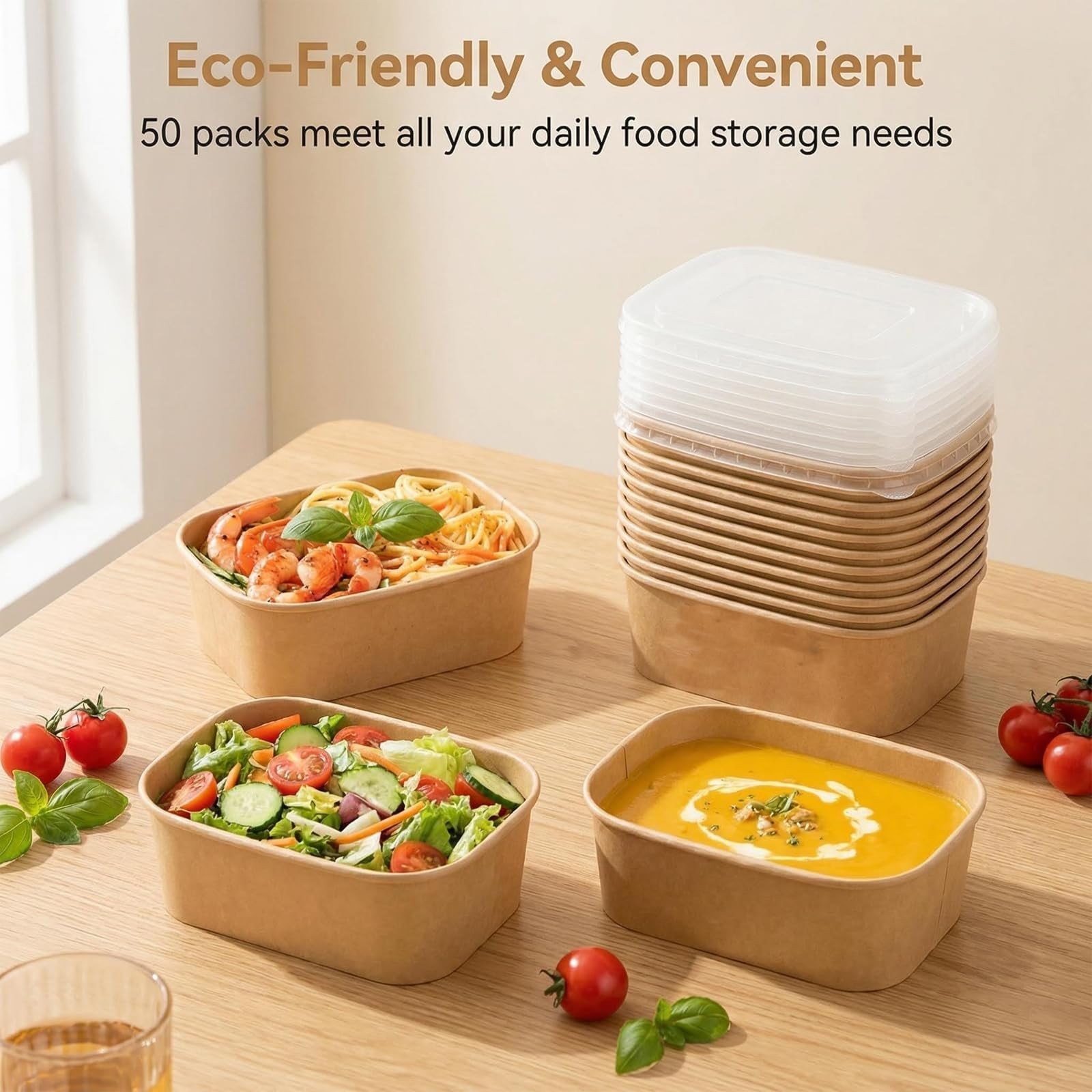 Peseojiar 50 Pack Disposable Meal Prep Containers, 25oz Disposable Large Pape…