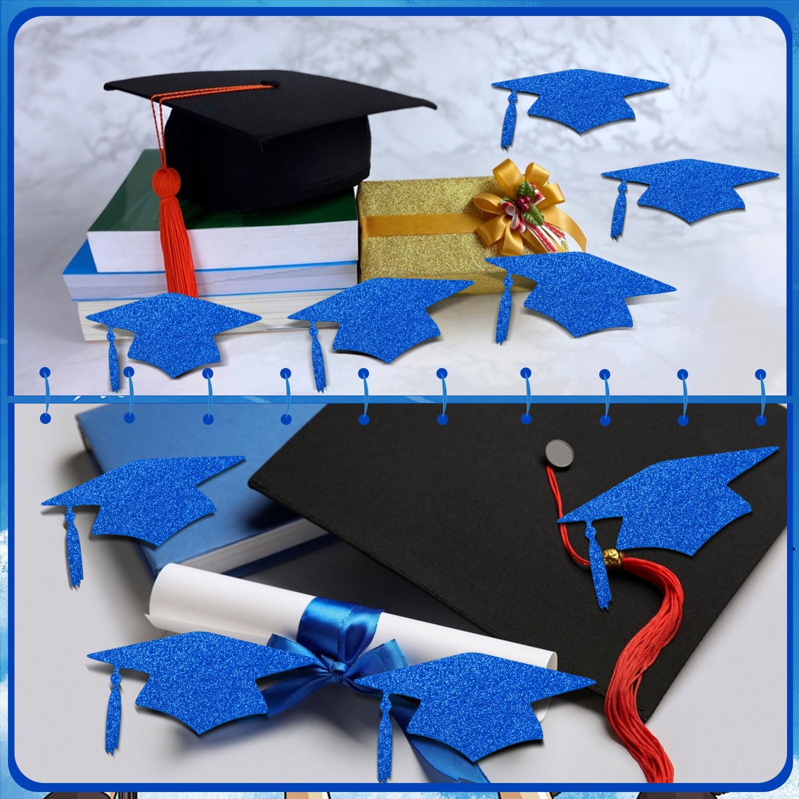 50 PCS Blue Glitter Graduation Cap Cutouts Class Of 2026 Table Confetti