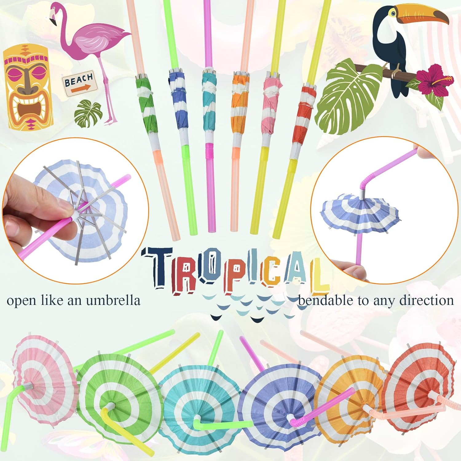 ALINK 100 PCS Umbrella Straws, Long Cocktail Drink Umbrellas Fancy Flower Bar St