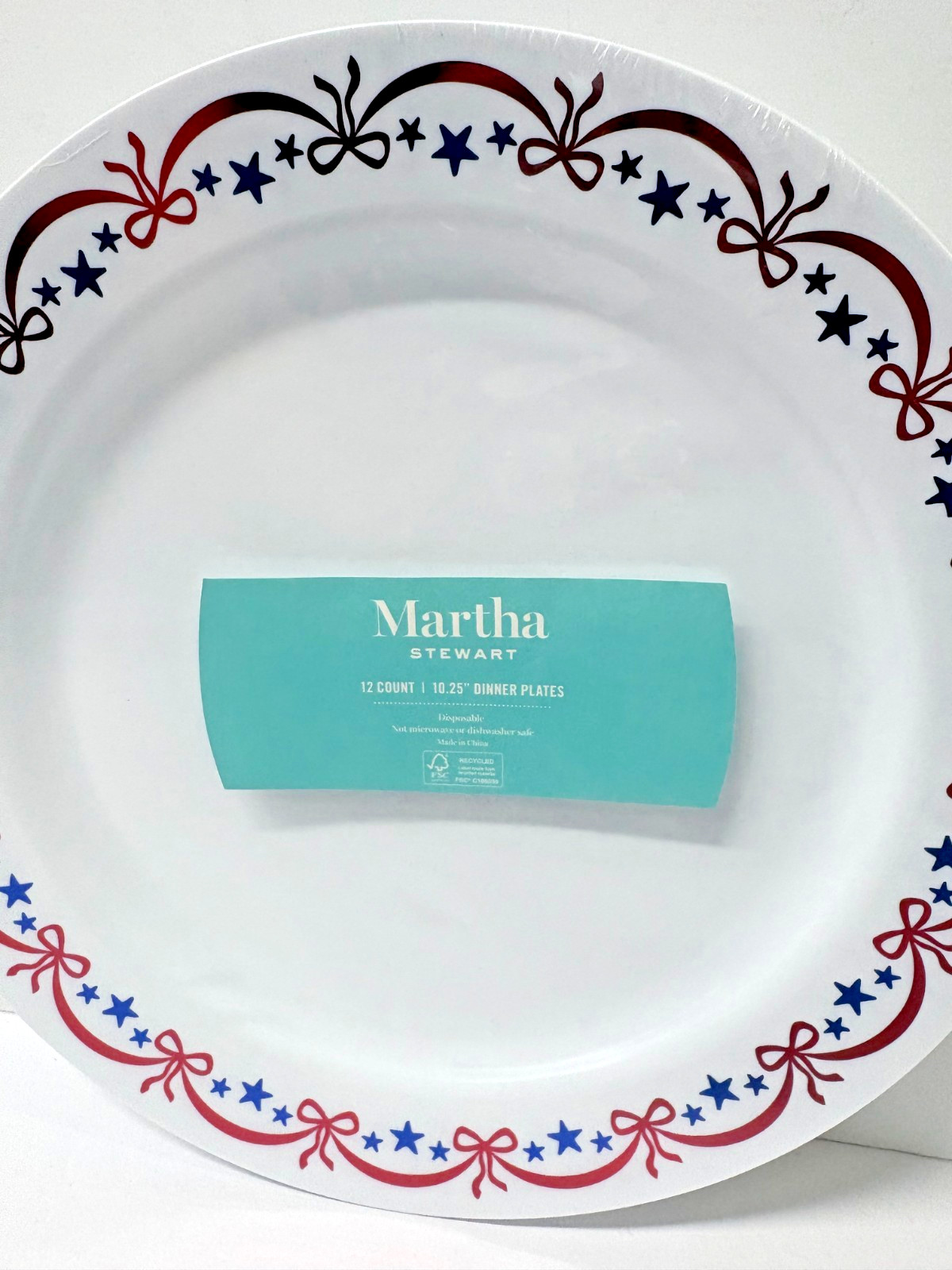 12 pk Martha Stewart Patriotic Red, White & Blue Disposable Dinner Plates 10.25″
