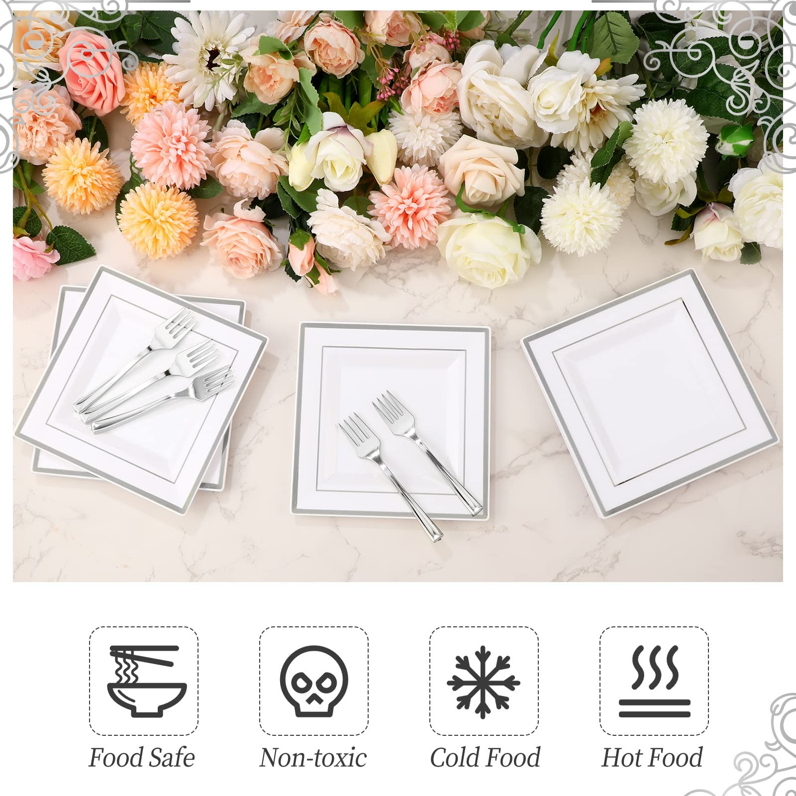 Gandeer 300 Pcs Square Plastic Plates Forks Set Include 150 Disposable 6.5 Inch