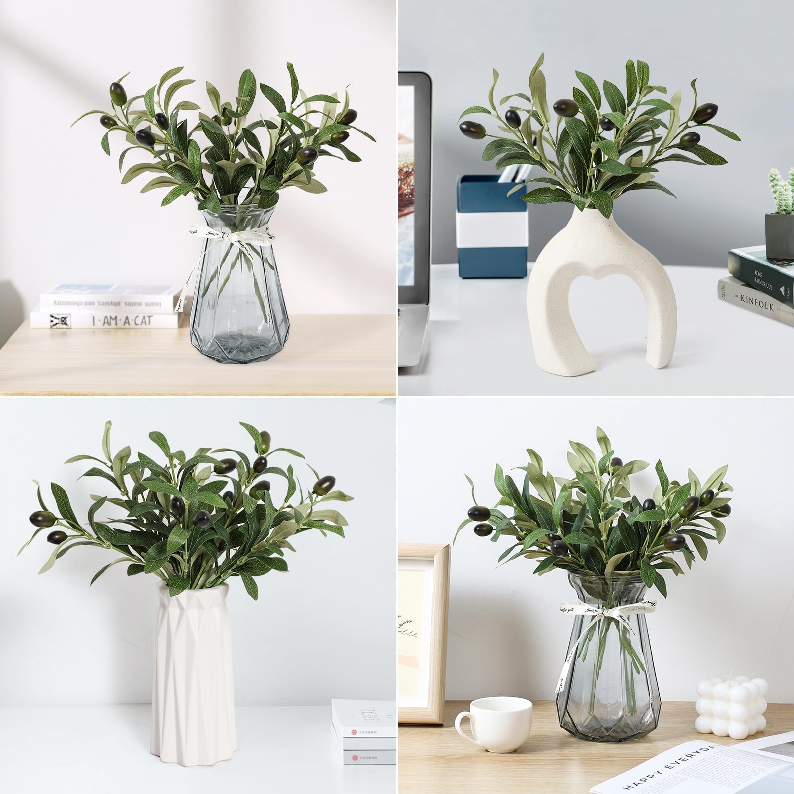Erlandens 10pcs Faux Olive Leaves Stems 10” Tall Artificial 10in, Green