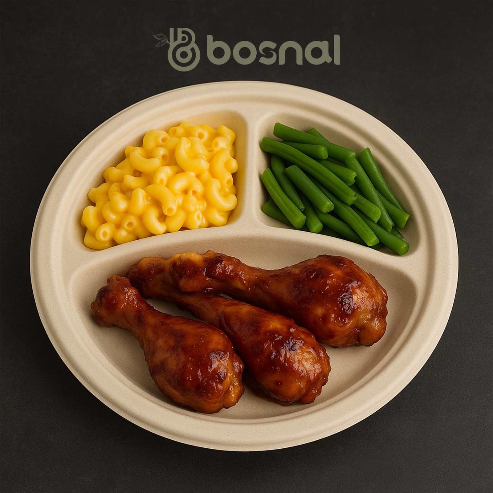 Bosnal – Bagasse Compostable Plates, 10 inch 3-Compartment, Round
