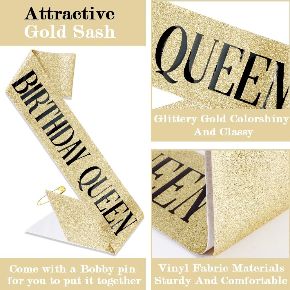 Birthday Queen Sash and Crown Set – Gold Rhinestone Tiara and Sash