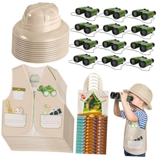 48 Pcs Kids Safari Explorer Costume Set, Vest Hat Binoculars Bag | Jungle