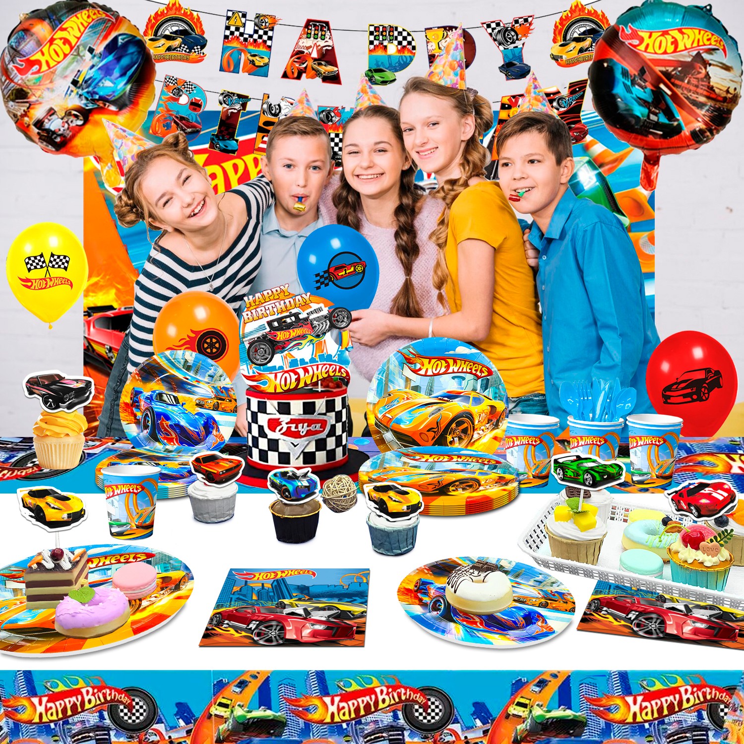 114 Pcs Hot Wheels Party Decorations Car Party Supplies Balloons Tableware Cups