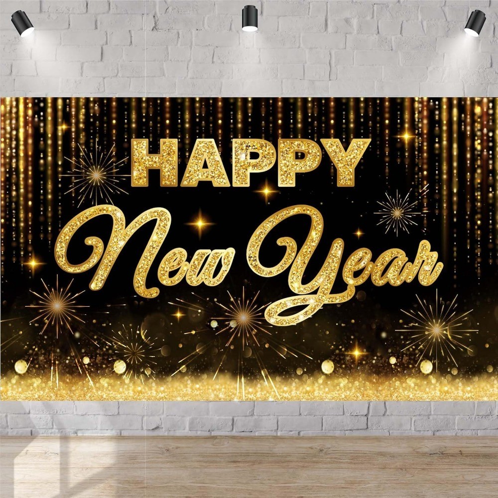 Black Gold Happy New Year 2026 Banner – Large New Years Eve Party Backdrop with