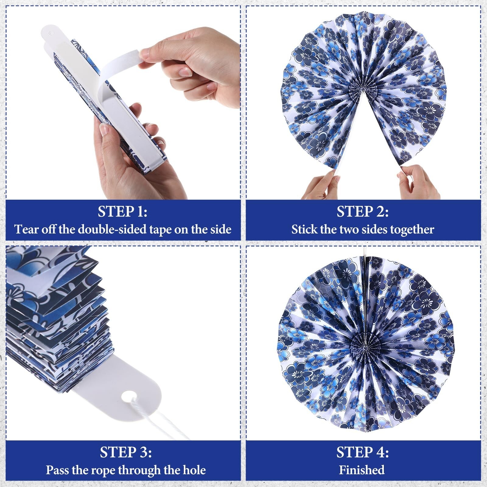 9 Pcs Chinoiserie Hanging Paper Fans Decorations Blue and White Porcelain Pri…